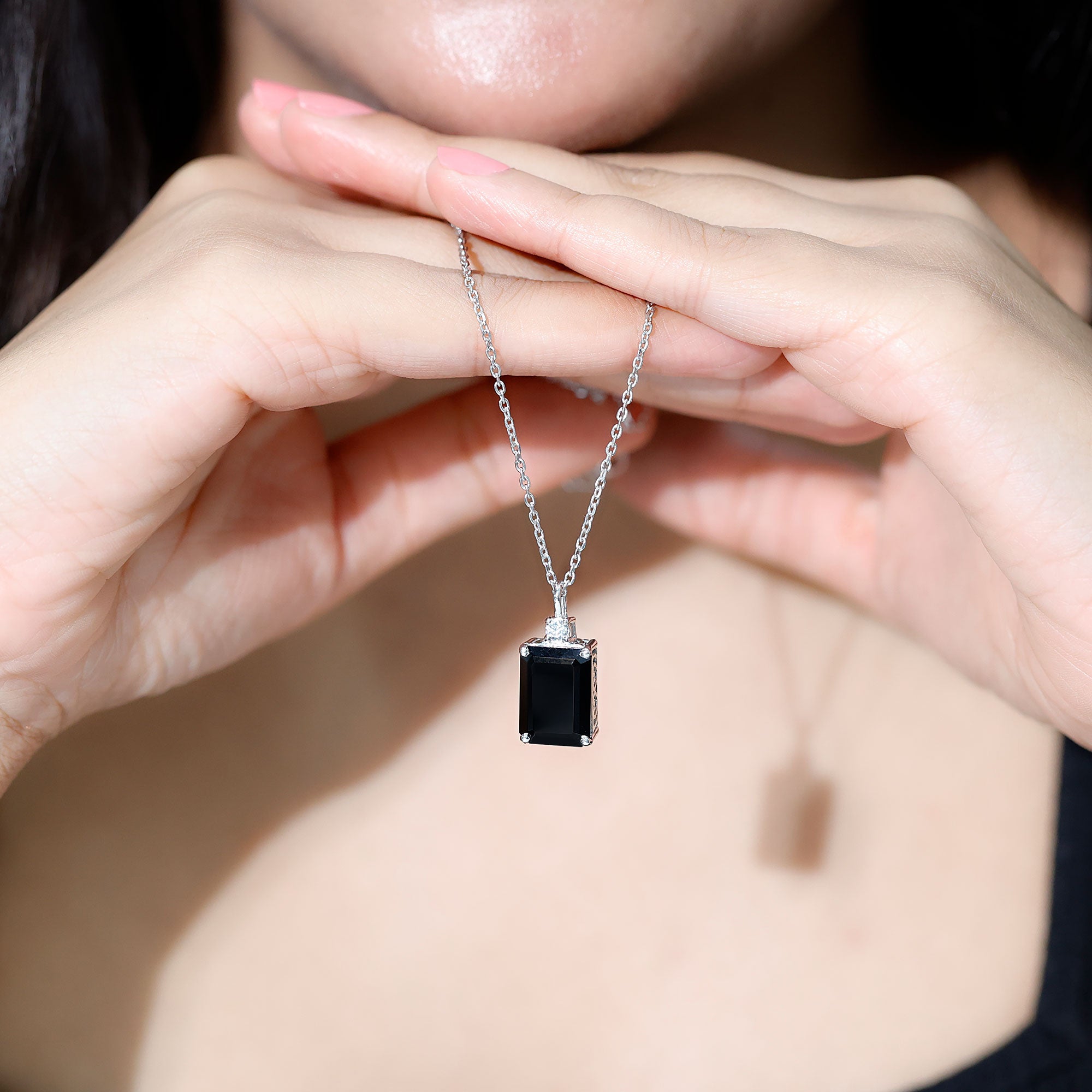 3.48 Carat Emerald Cut Lab Created Black Diamond Solitaire Necklace AAAA ( Synthetic ) - Rosec Jewels