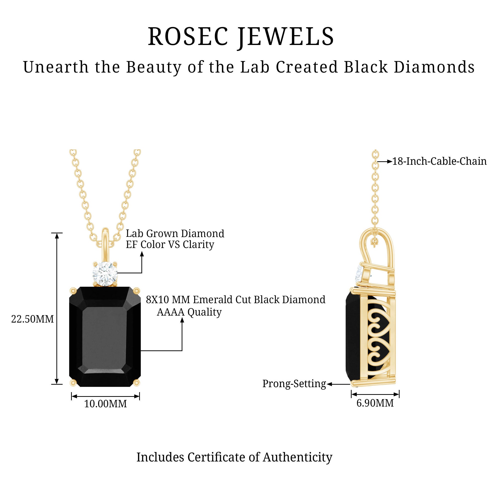 3.48 Carat Emerald Cut Lab Created Black Diamond Solitaire Necklace AAAA ( Synthetic ) - Rosec Jewels