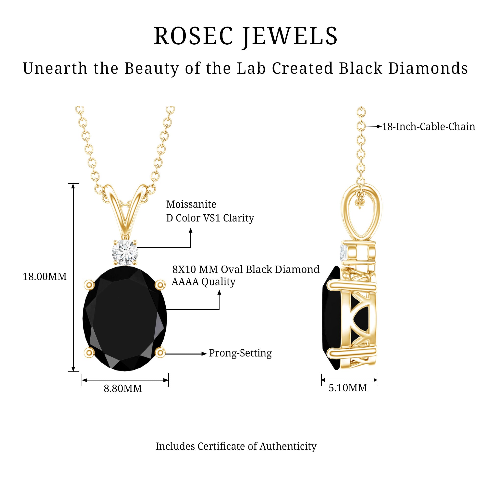4.2 Carat Oval Shape Lab Created Black Diamond Solitaire Pendant Necklace AAAA ( Synthetic ) - Rosec Jewels