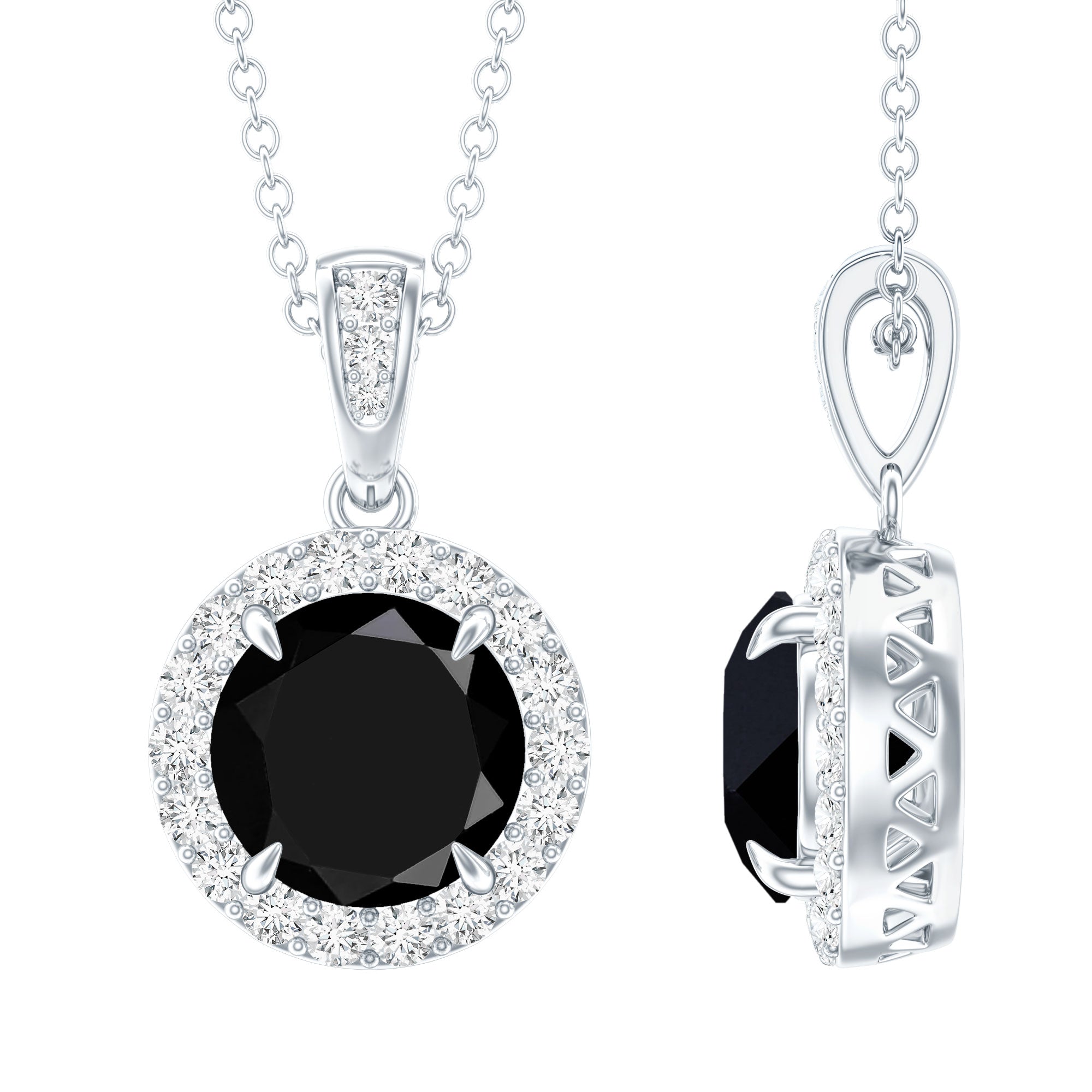 2 Carat Round Lab Created Black Diamond Halo Pendant with White Diamond AAAA ( Synthetic ) - Rosec Jewels