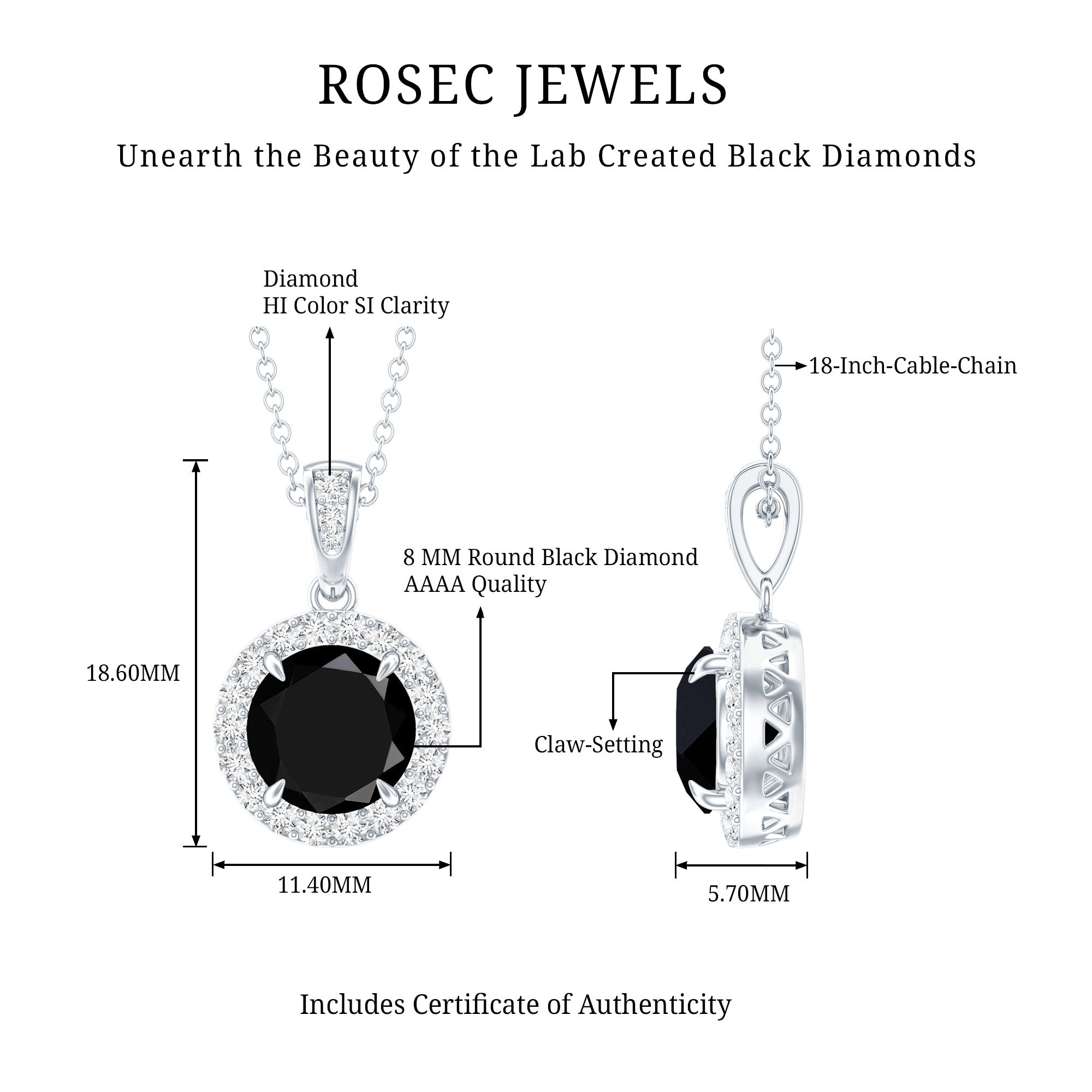 2 Carat Round Lab Created Black Diamond Halo Pendant with White Diamond AAAA ( Synthetic ) - Rosec Jewels