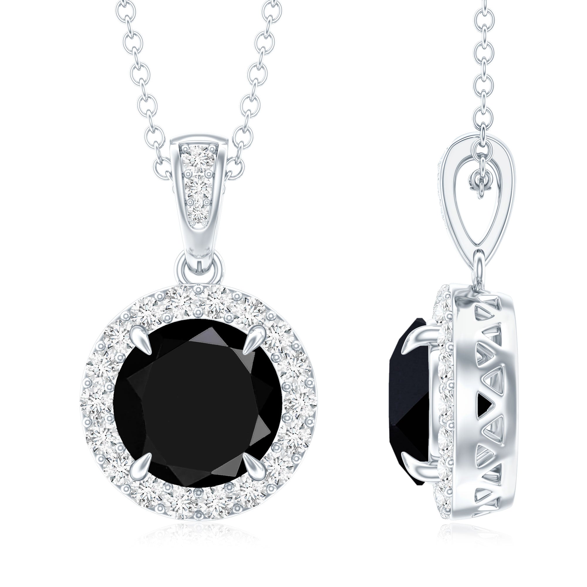 2 Carat Round Lab Created Black Diamond Halo Pendant with White Diamond AAAA ( Synthetic ) - Rosec Jewels