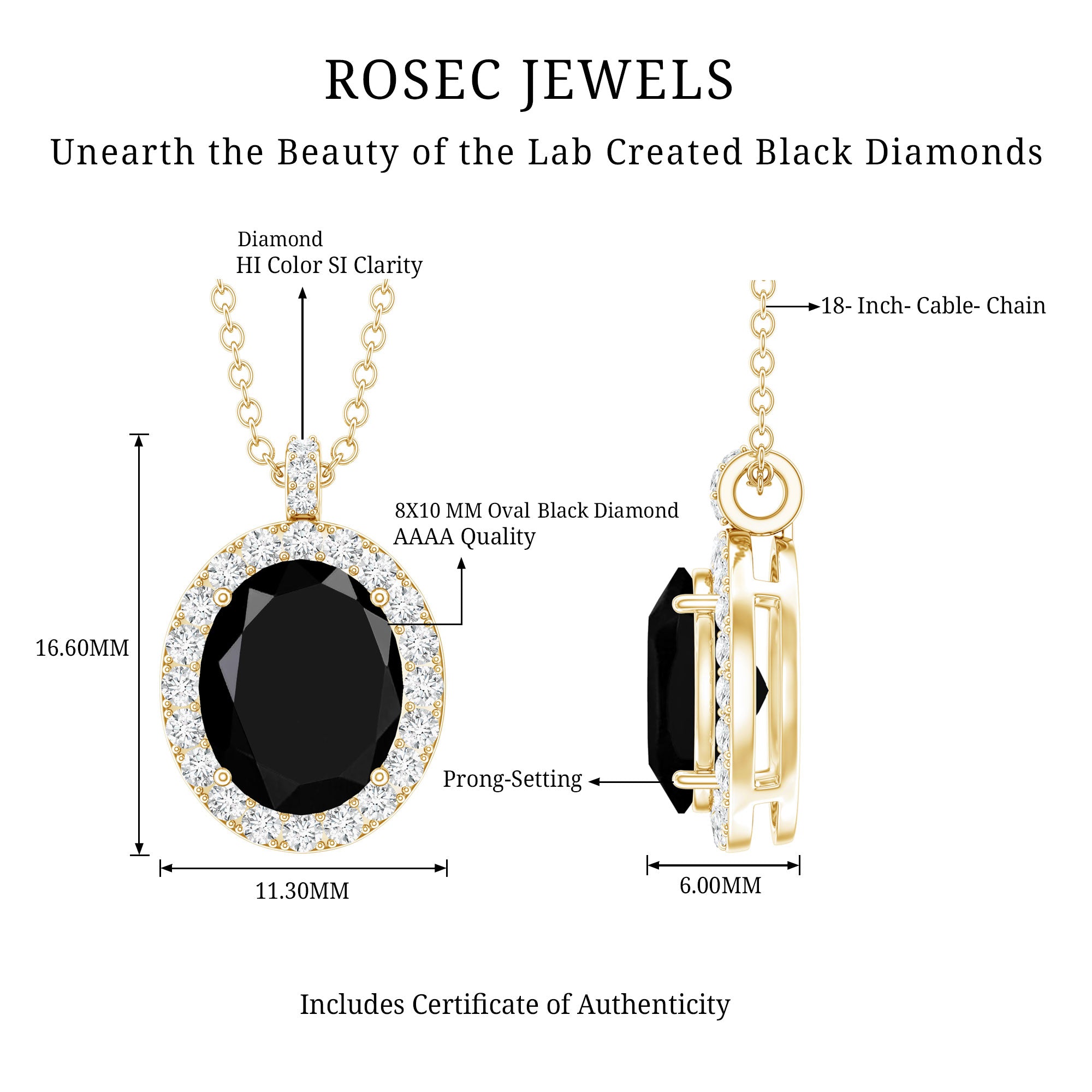 4.2 Carat Oval Shape Lab Created Black Diamond Statement Necklace AAAA ( Synthetic ) - Rosec Jewels