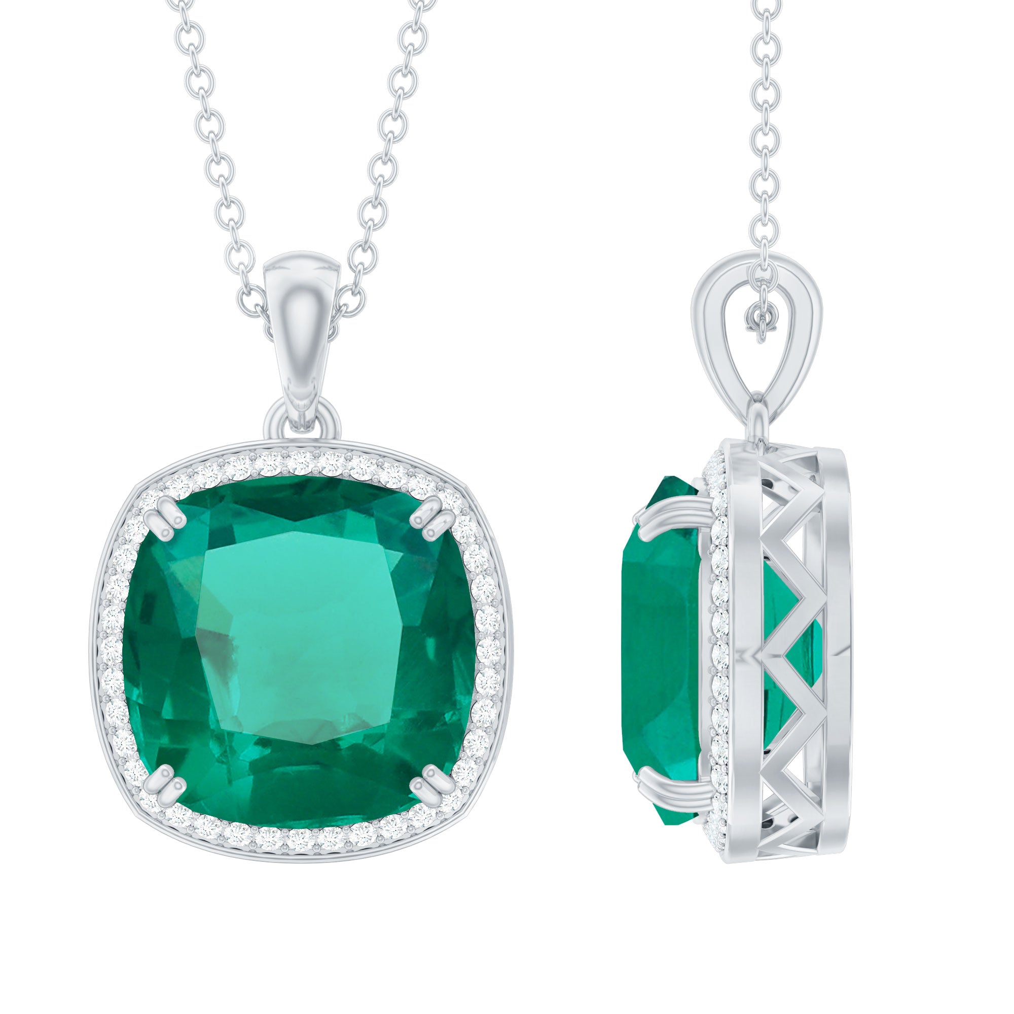 Cushion Cut Created Emerald and Moissanite Halo Pendant Necklace