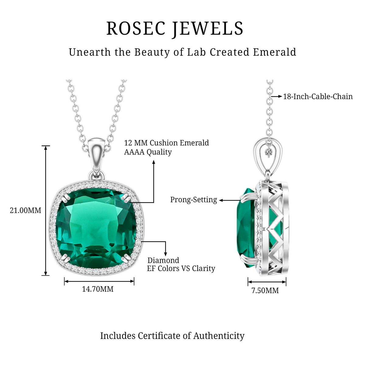 9 Carat Cushion Cut Lab Created Emerald and Diamond Cocktail Necklace AAAA - Rosec Jewels