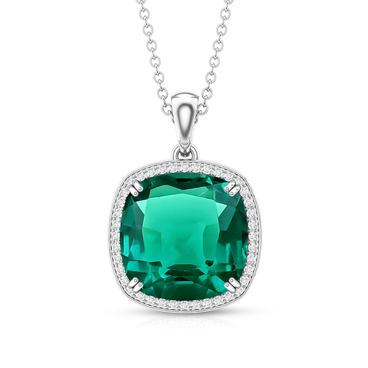 9 Carat Cushion Cut Lab Created Emerald and Diamond Cocktail Necklace AAAA - Rosec Jewels