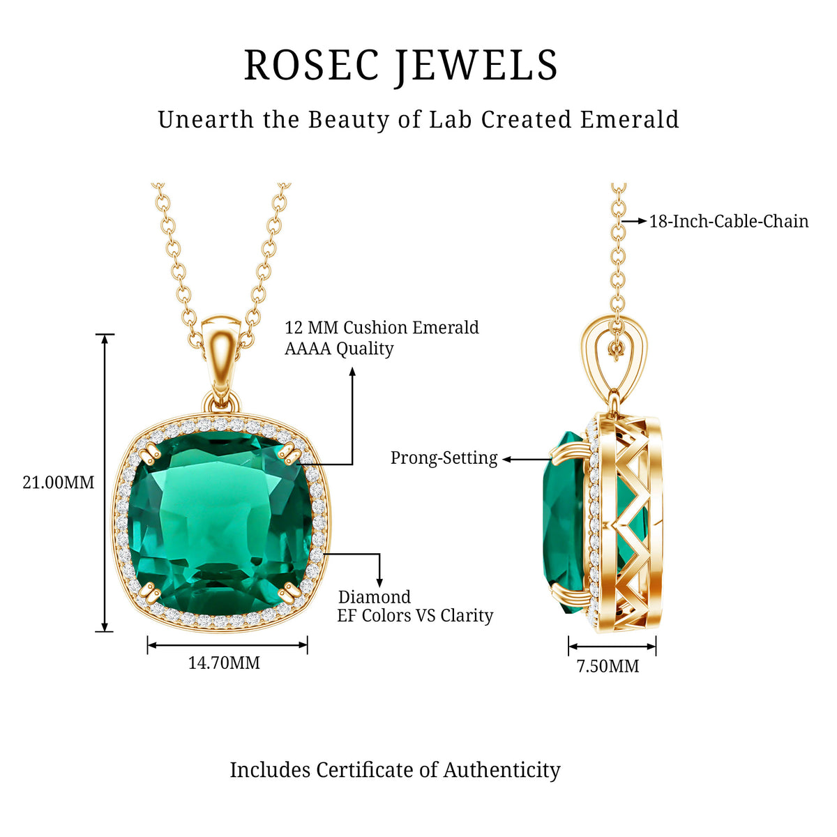 9 Carat Cushion Cut Lab Created Emerald and Diamond Cocktail Necklace AAAA - Rosec Jewels