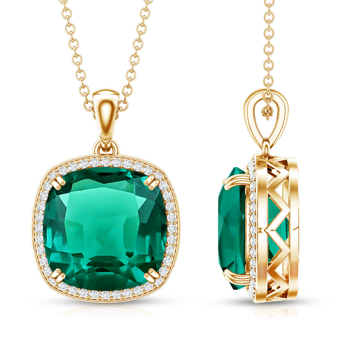 9 Carat Cushion Cut Lab Created Emerald and Diamond Cocktail Necklace AAAA - Rosec Jewels