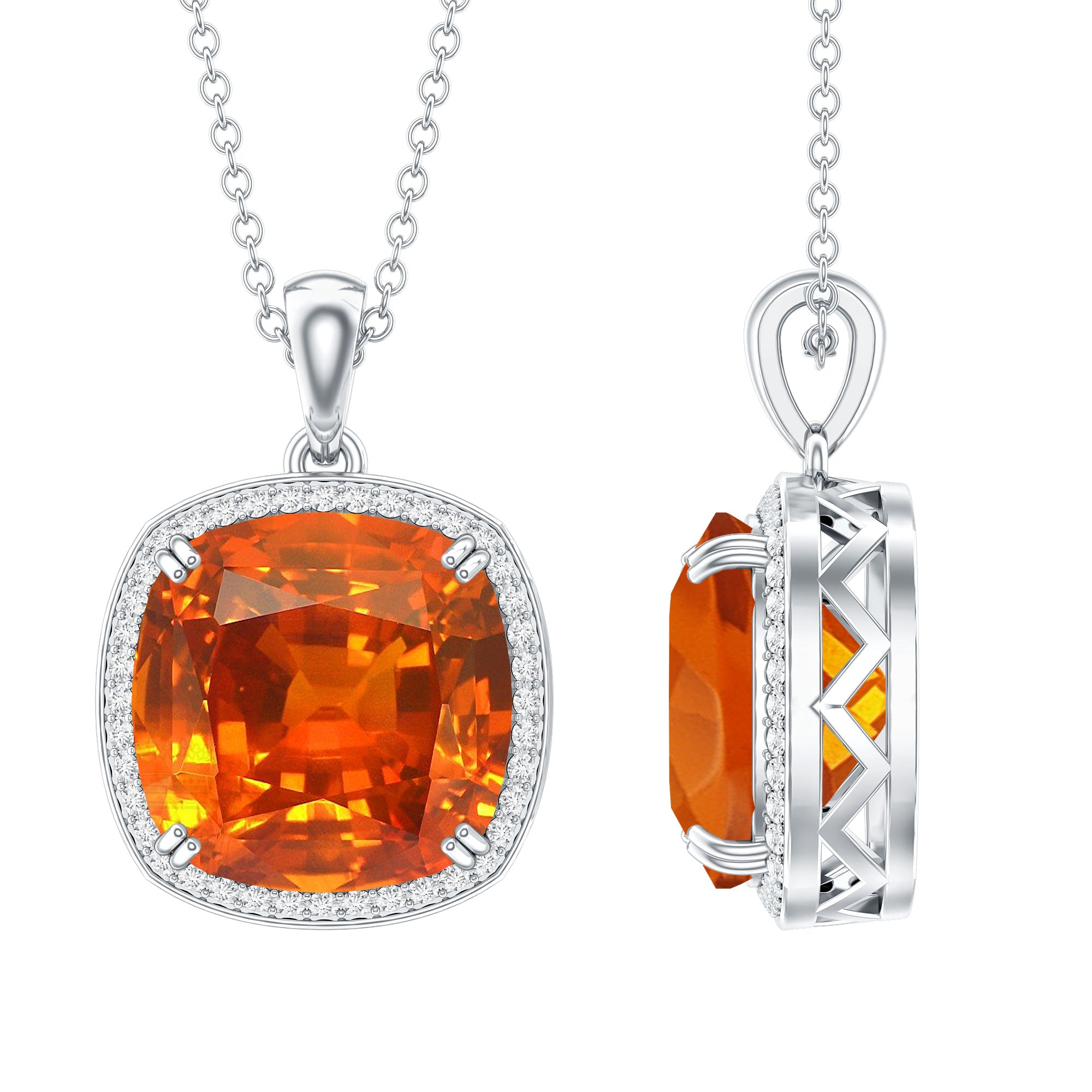 9 Carat Lab Created Orange Sapphire Diamond Statement Necklace For Women AAAA - Rosec Jewels