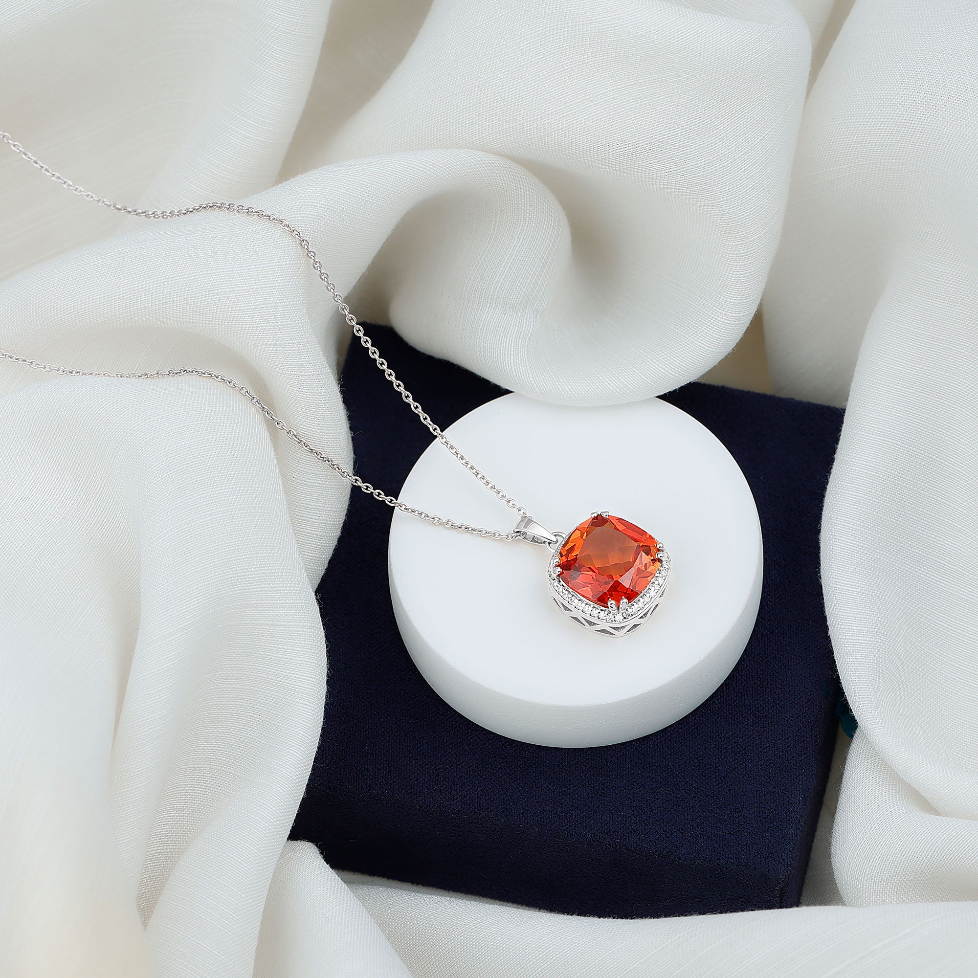 9 Carat Lab Created Orange Sapphire Diamond Statement Necklace For Women AAAA - Rosec Jewels