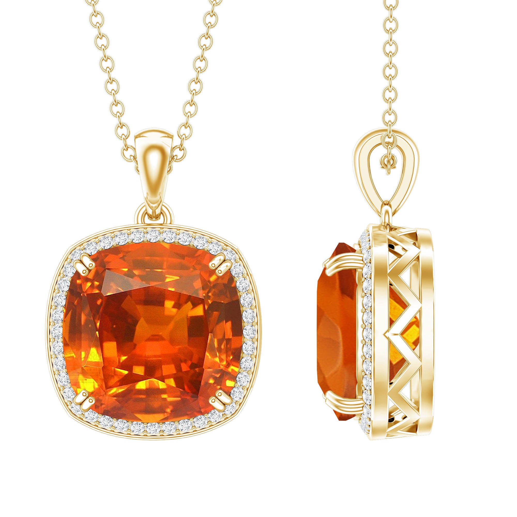 9 Carat Lab Created Orange Sapphire Diamond Statement Necklace For Women AAAA - Rosec Jewels