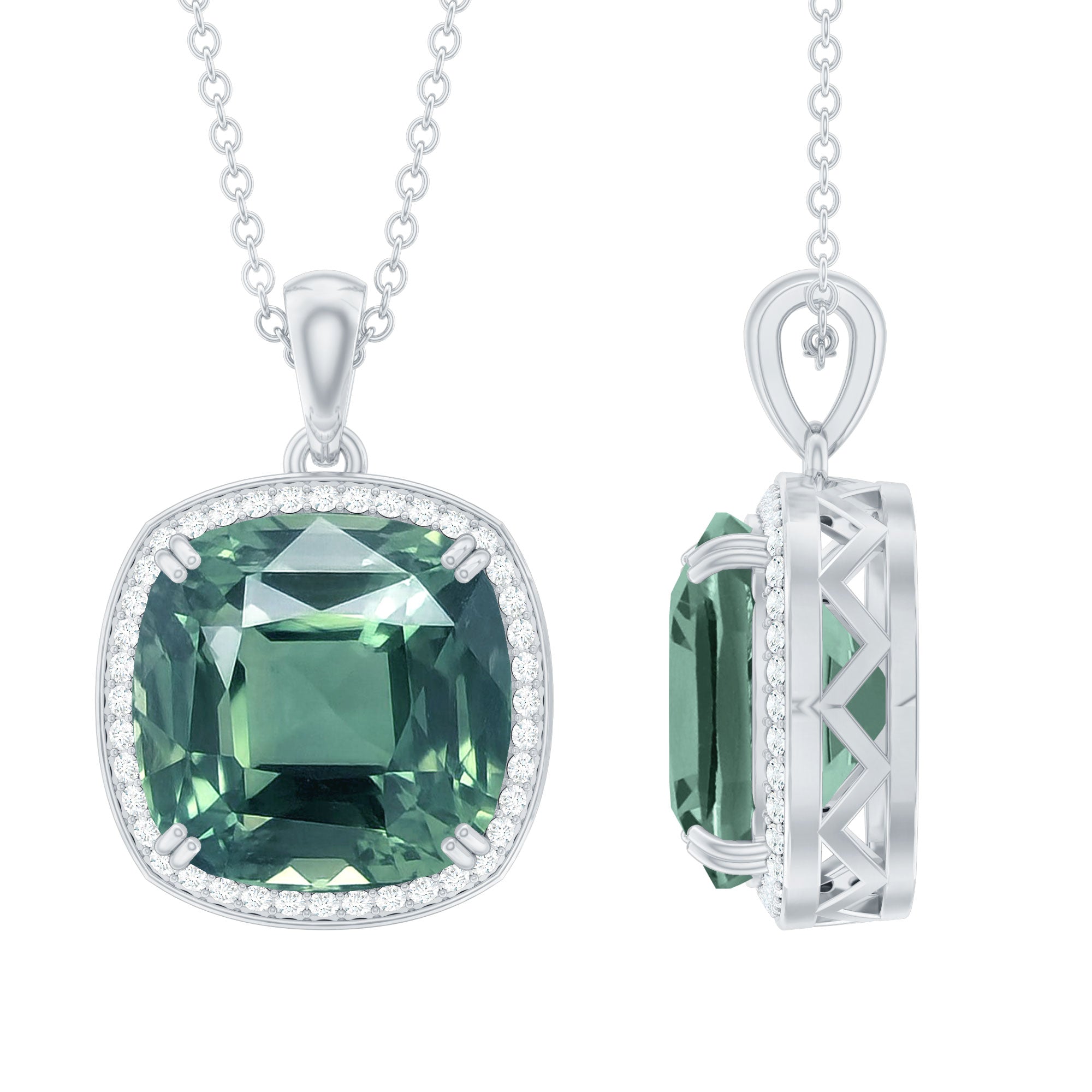 Created Green Sapphire Pendant Necklace with Moissanite Halo