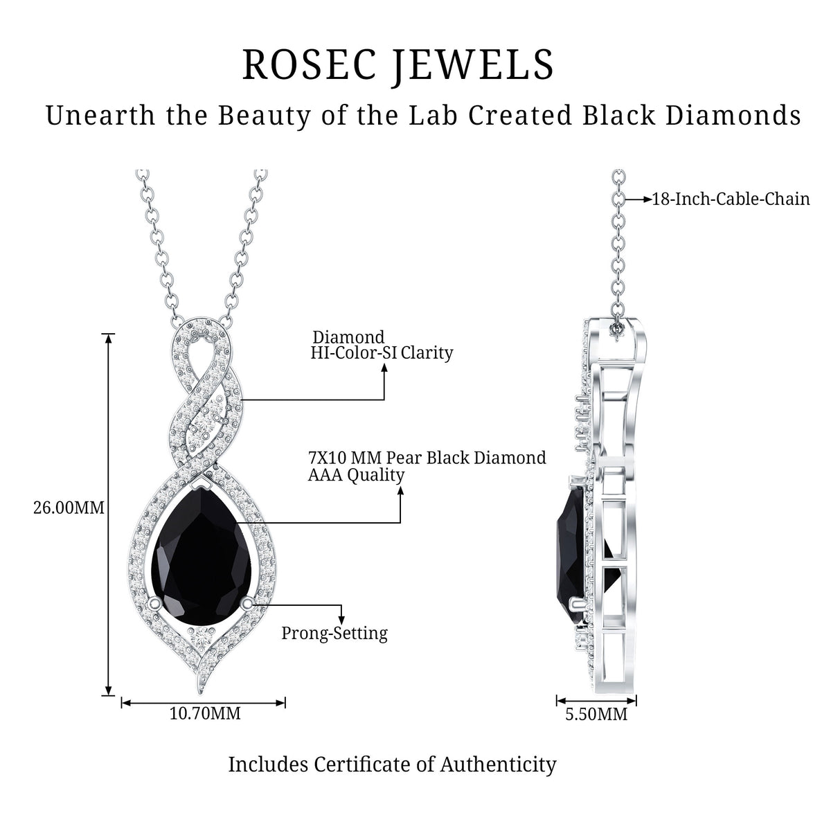Created Black Diamond Teardrop Dangle Pendant with Diamond Accent AAAA ( Synthetic ) - Rosec Jewels