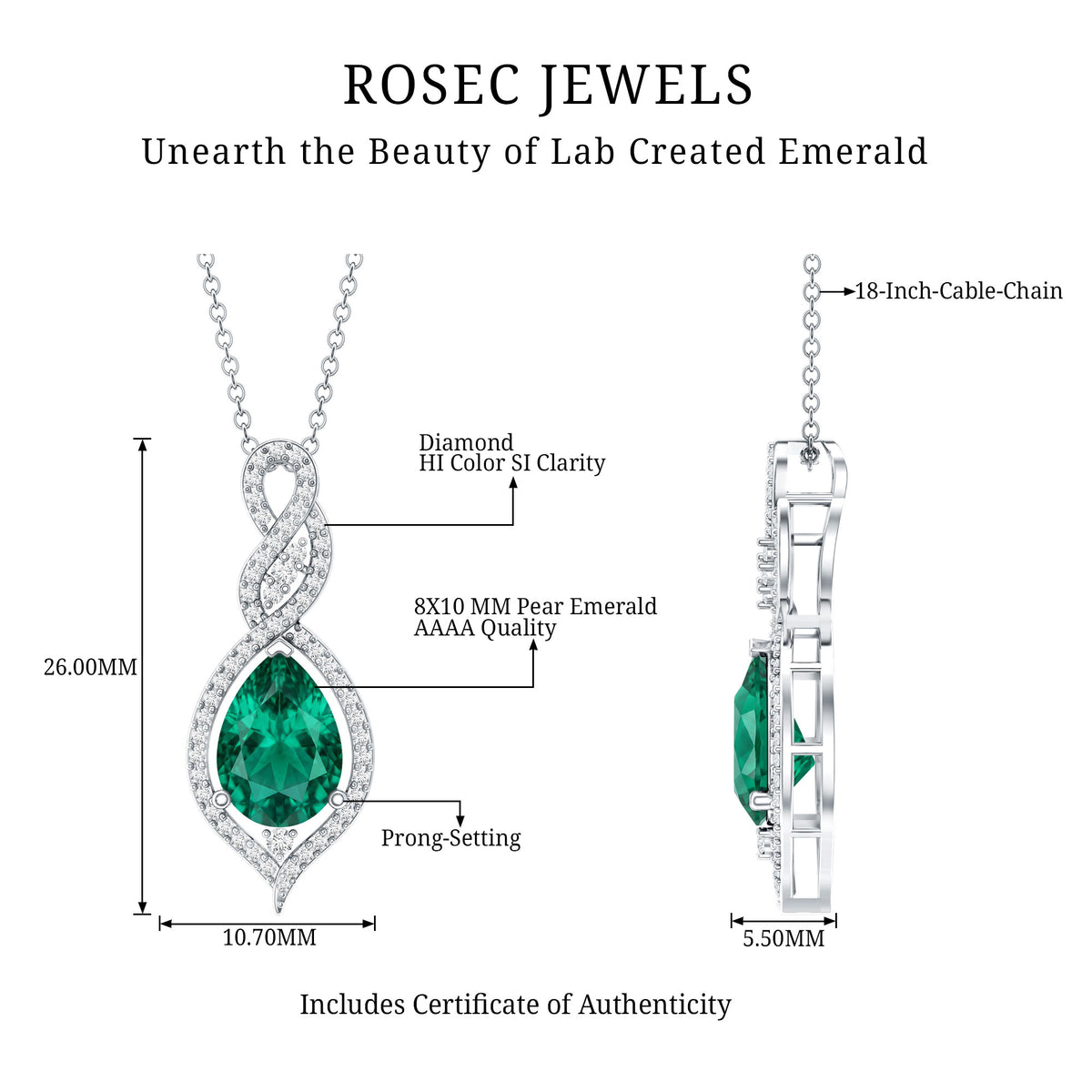 Certified 2.5 Carat Lab Grown Emerald and Diamond Bridal Necklace AAAA - Rosec Jewels