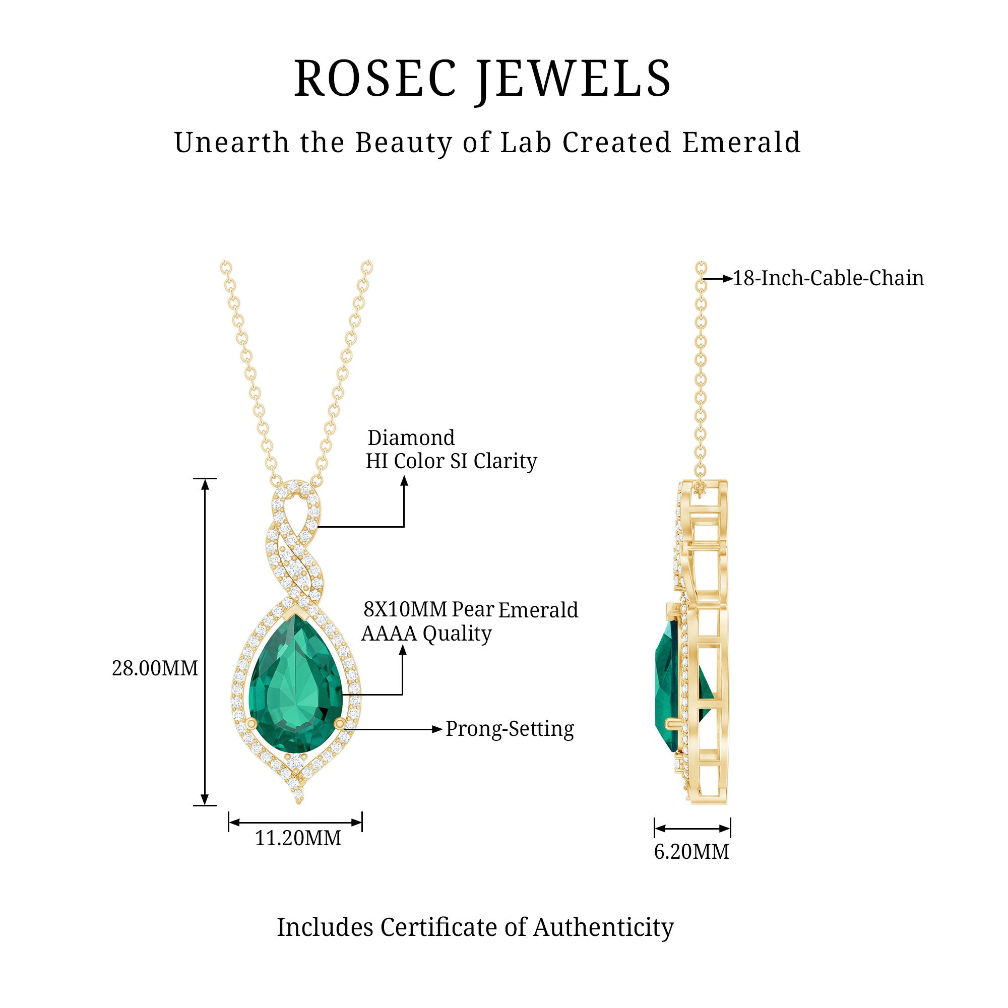 Certified 2.5 Carat Lab Grown Emerald and Diamond Bridal Necklace AAAA - Rosec Jewels