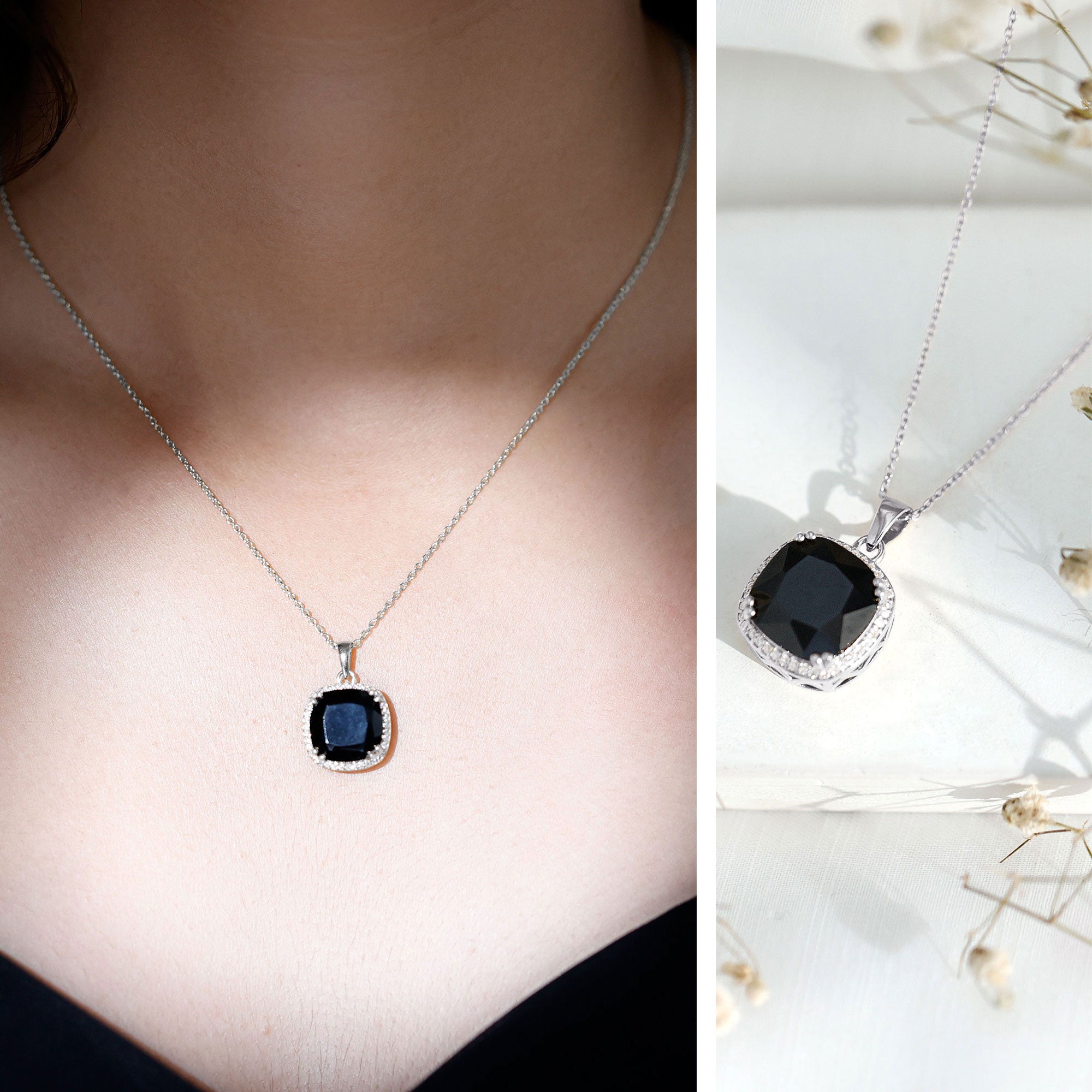 6 Carat Cushion Cut Lab Grown Black and White Diamond Halo Necklace AAAA ( Synthetic ) - Rosec Jewels