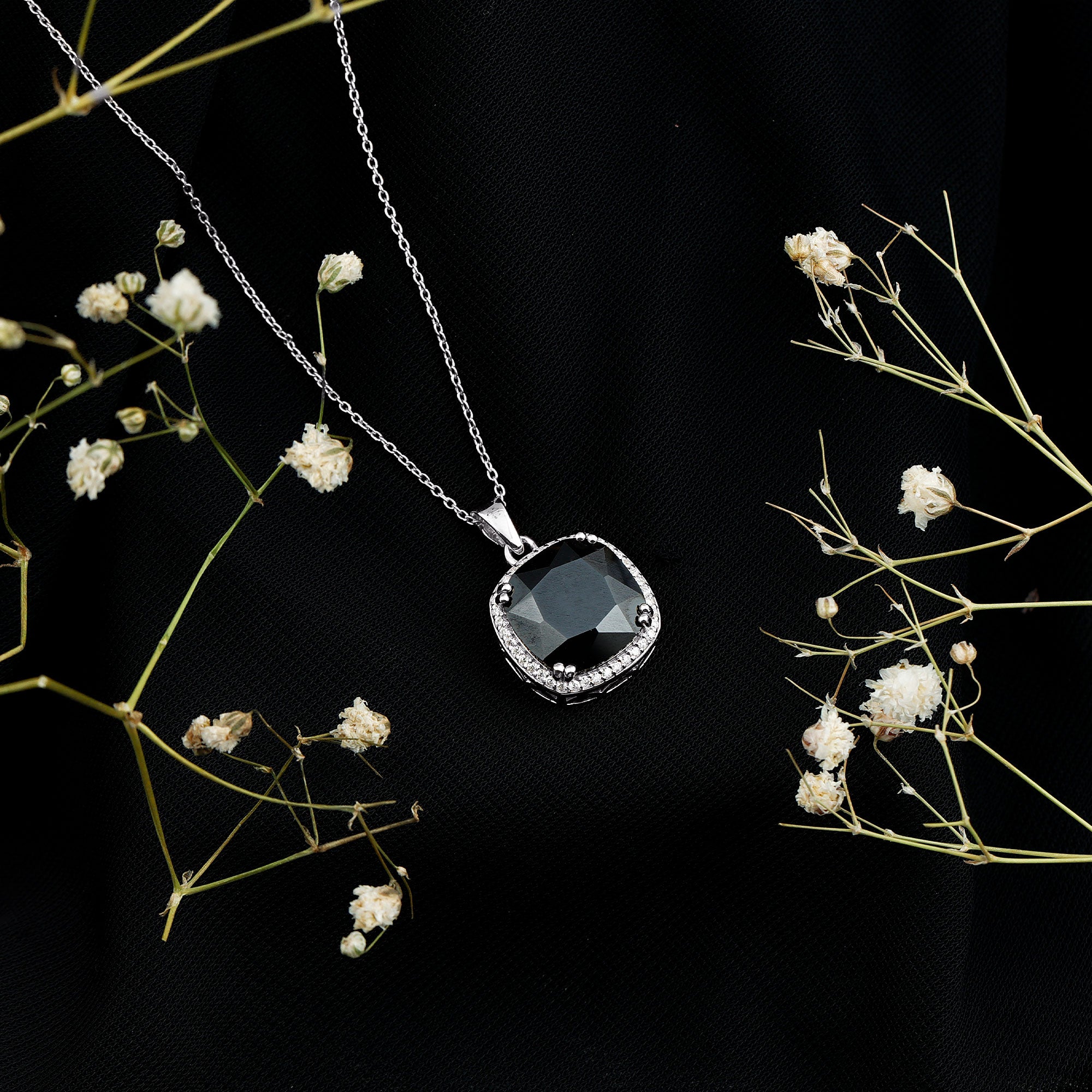 6 Carat Cushion Cut Lab Grown Black and White Diamond Halo Necklace AAAA ( Synthetic ) - Rosec Jewels