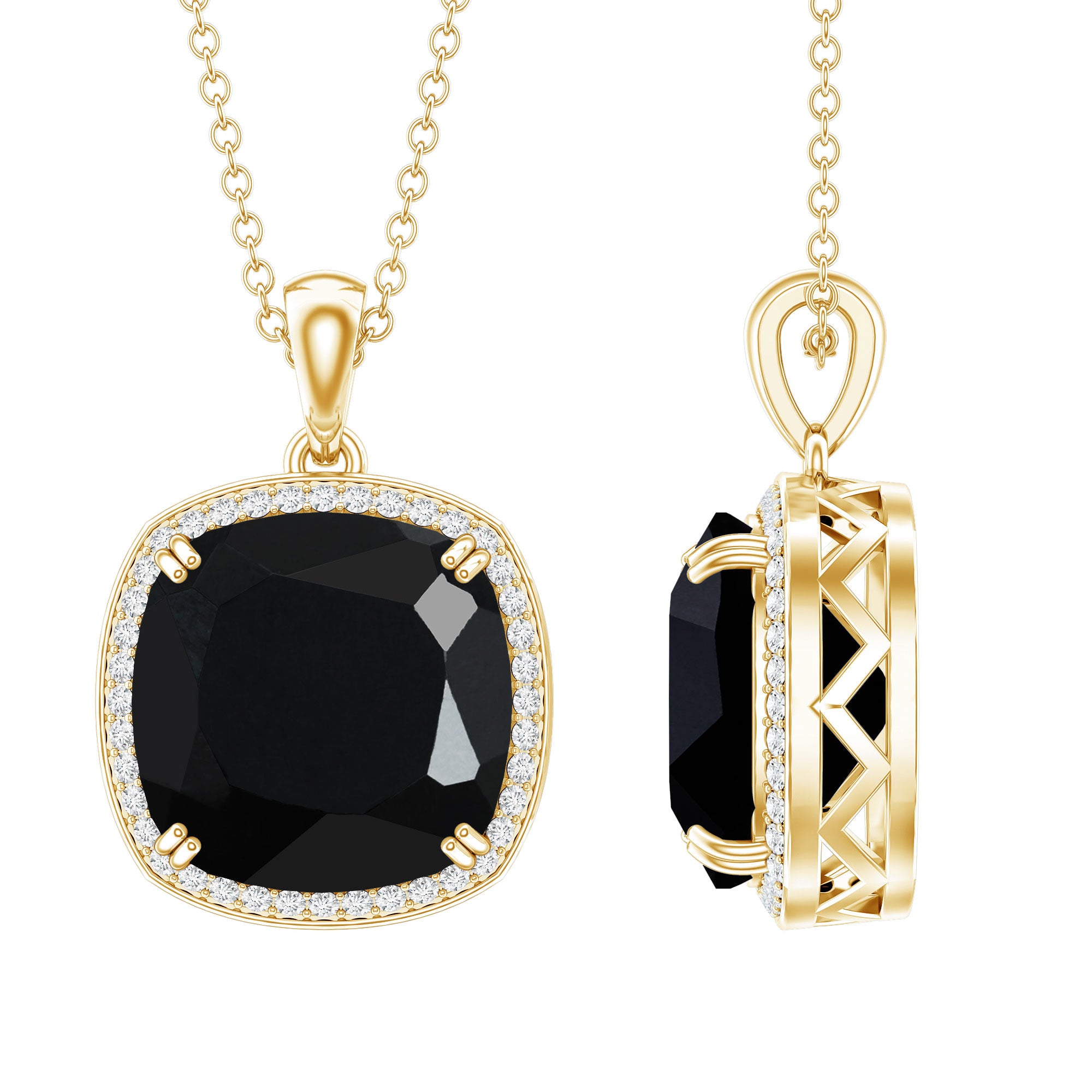 6 Carat Cushion Cut Lab Grown Black and White Diamond Halo Necklace AAAA ( Synthetic ) - Rosec Jewels