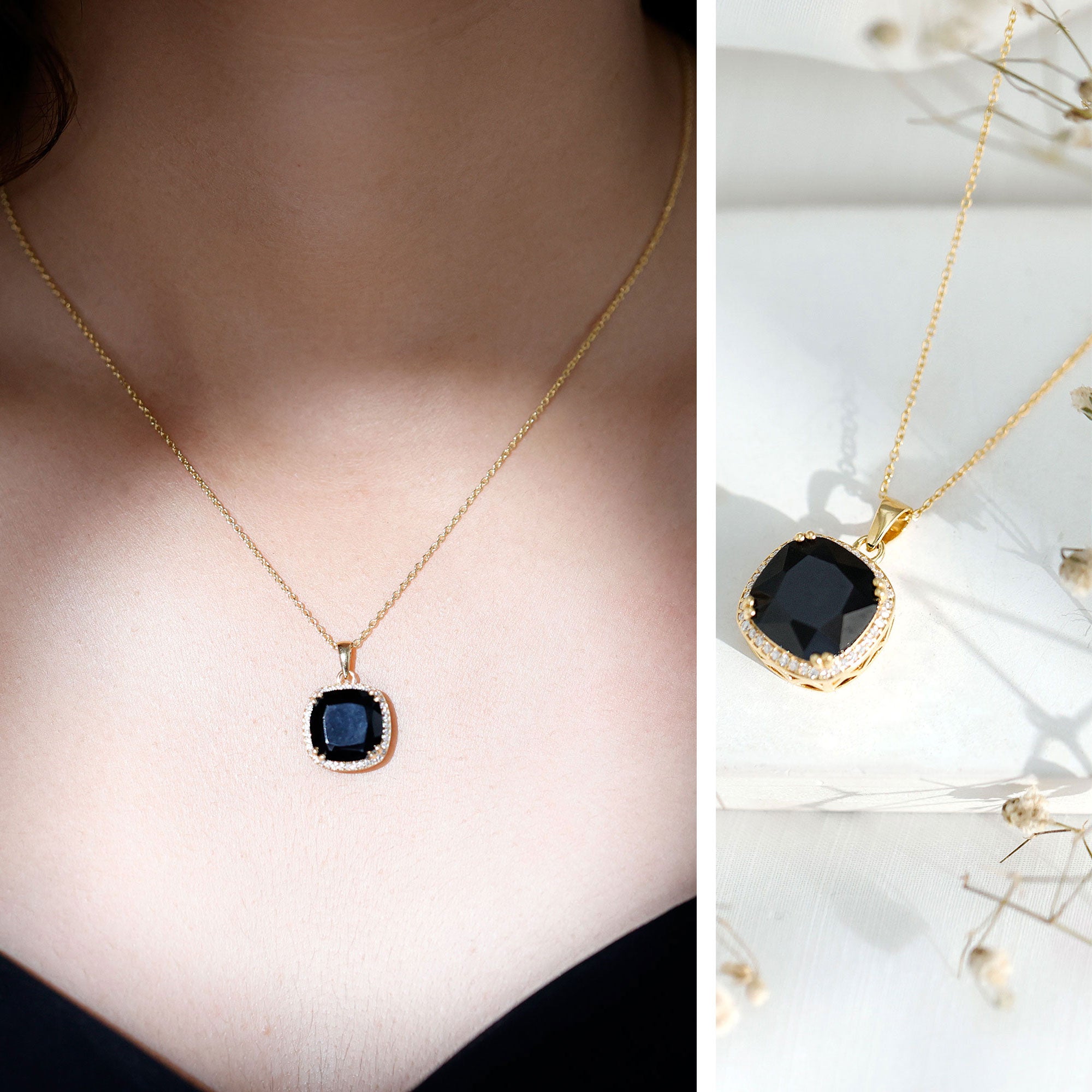 6 Carat Cushion Cut Lab Grown Black and White Diamond Halo Necklace AAAA ( Synthetic ) - Rosec Jewels