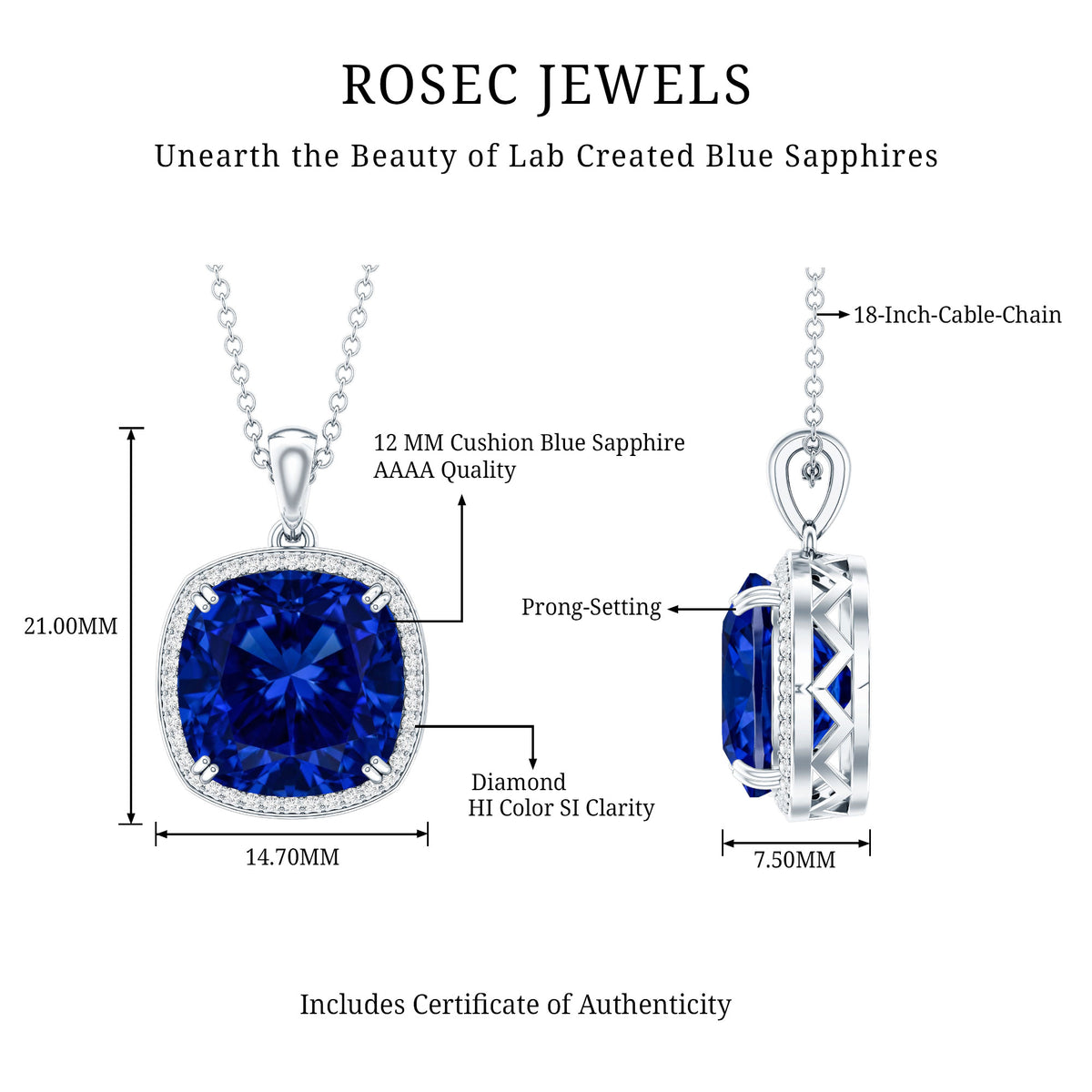 Cushion Cut Created Blue Sapphire and Diamond Halo Pendant Necklace AAAA - Rosec Jewels