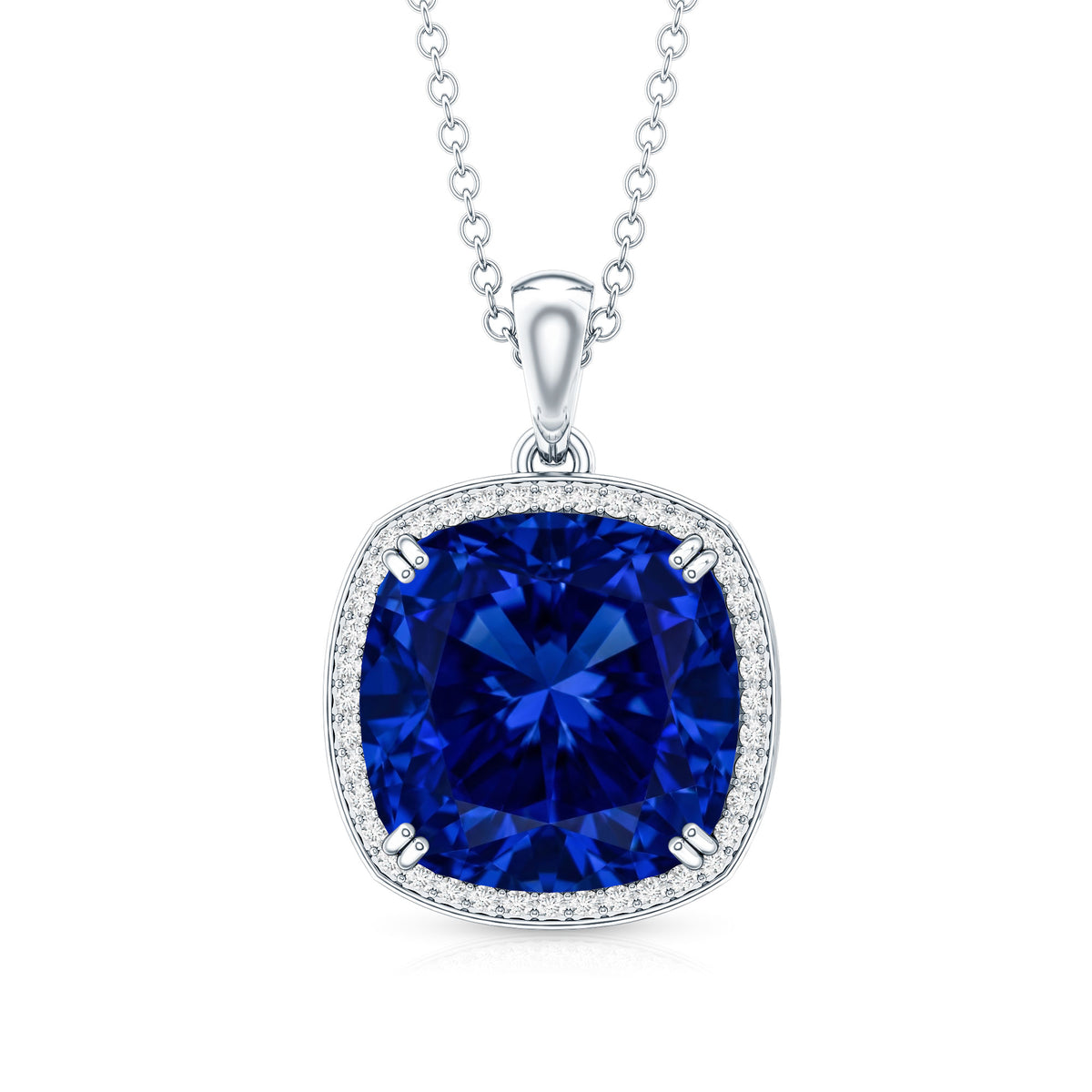 Cushion Cut Created Blue Sapphire and Diamond Halo Pendant Necklace AAAA - Rosec Jewels