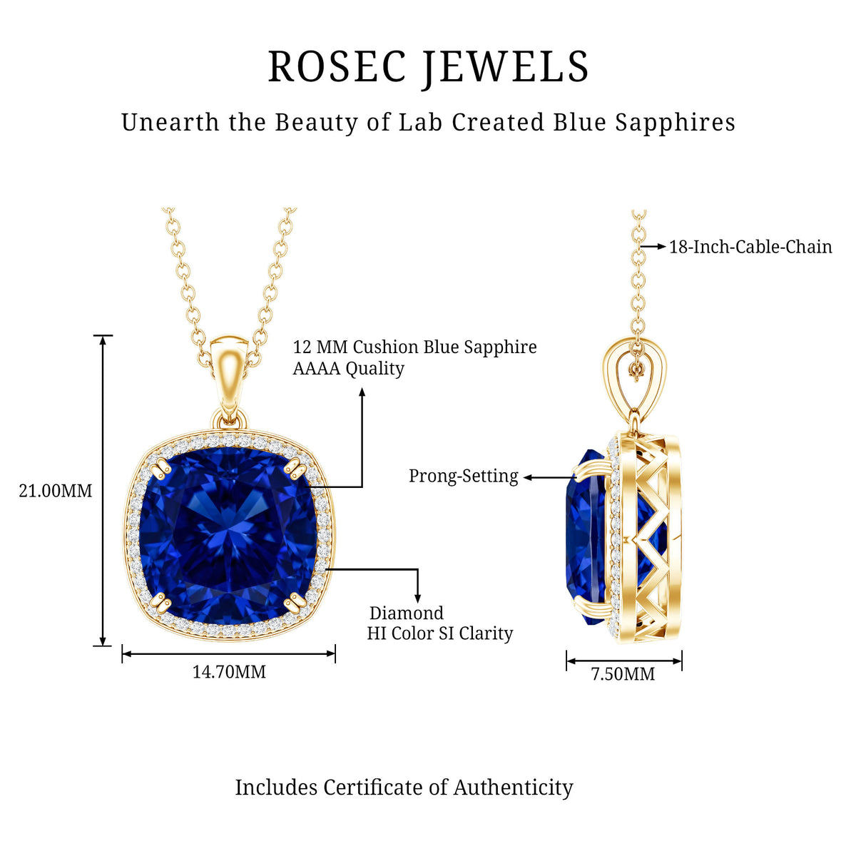 Cushion Cut Created Blue Sapphire and Diamond Halo Pendant Necklace AAAA - Rosec Jewels