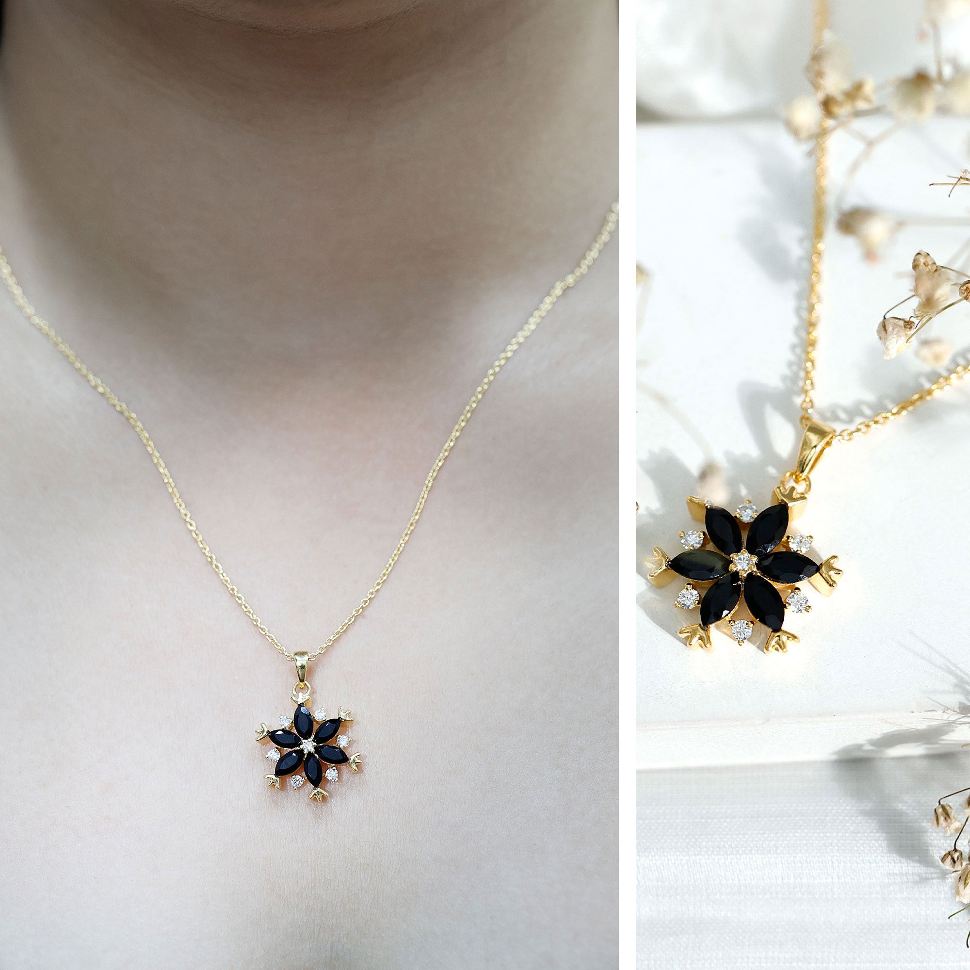 Certified Black Onyx Flower Pendant Necklace with Diamond AAA 14K Yellow Gold Plated Silver - Rosec Jewels