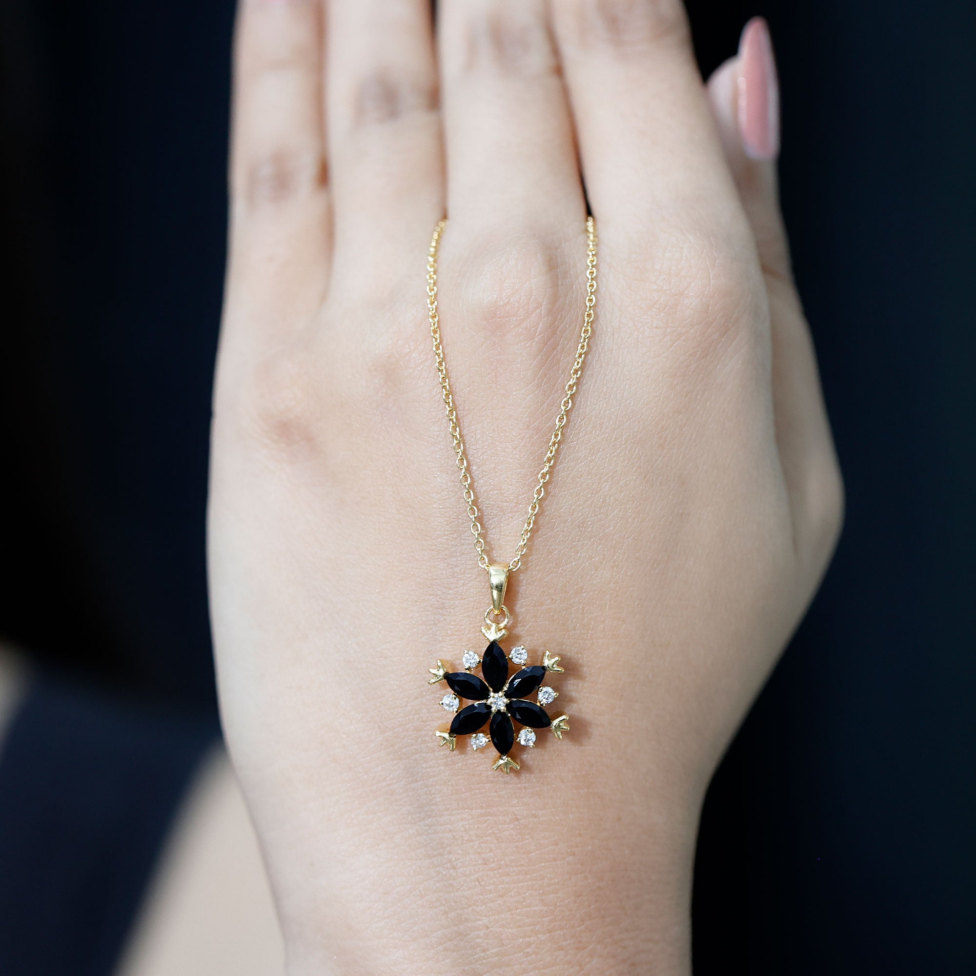 Certified Black Onyx Flower Pendant Necklace with Diamond AAA 14K Yellow Gold Plated Silver - Rosec Jewels
