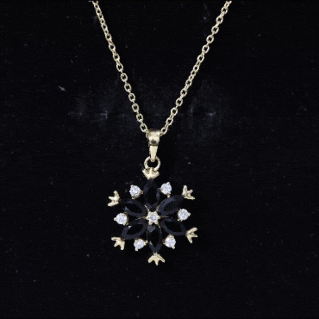 Certified Black Spinel and Diamond Flower Necklace with Silver Chain AAA 14K Yellow Gold Plated Silver - Rosec Jewels