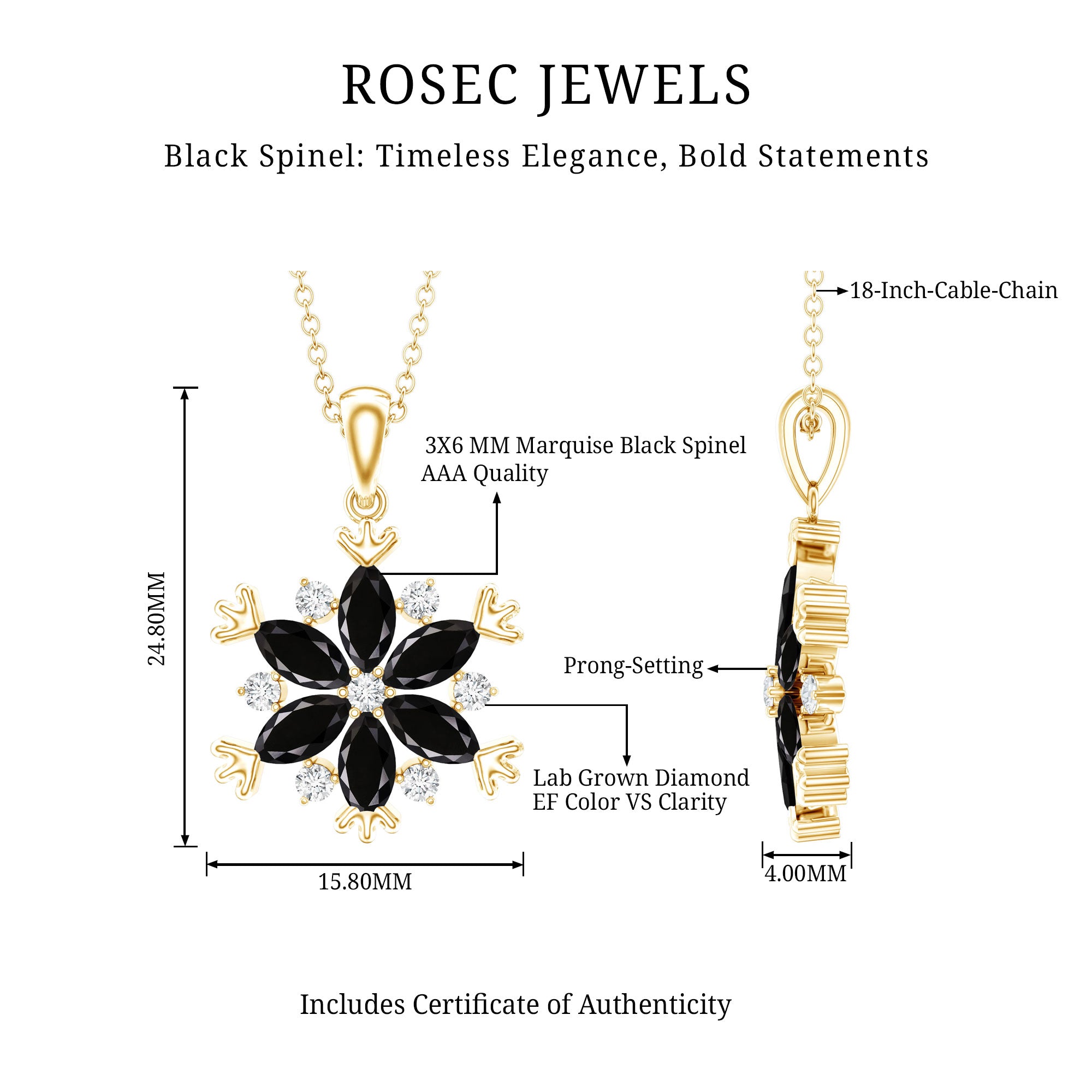 Certified Black Spinel and Diamond Flower Necklace with Silver Chain AAA 14K Yellow Gold Plated Silver - Rosec Jewels