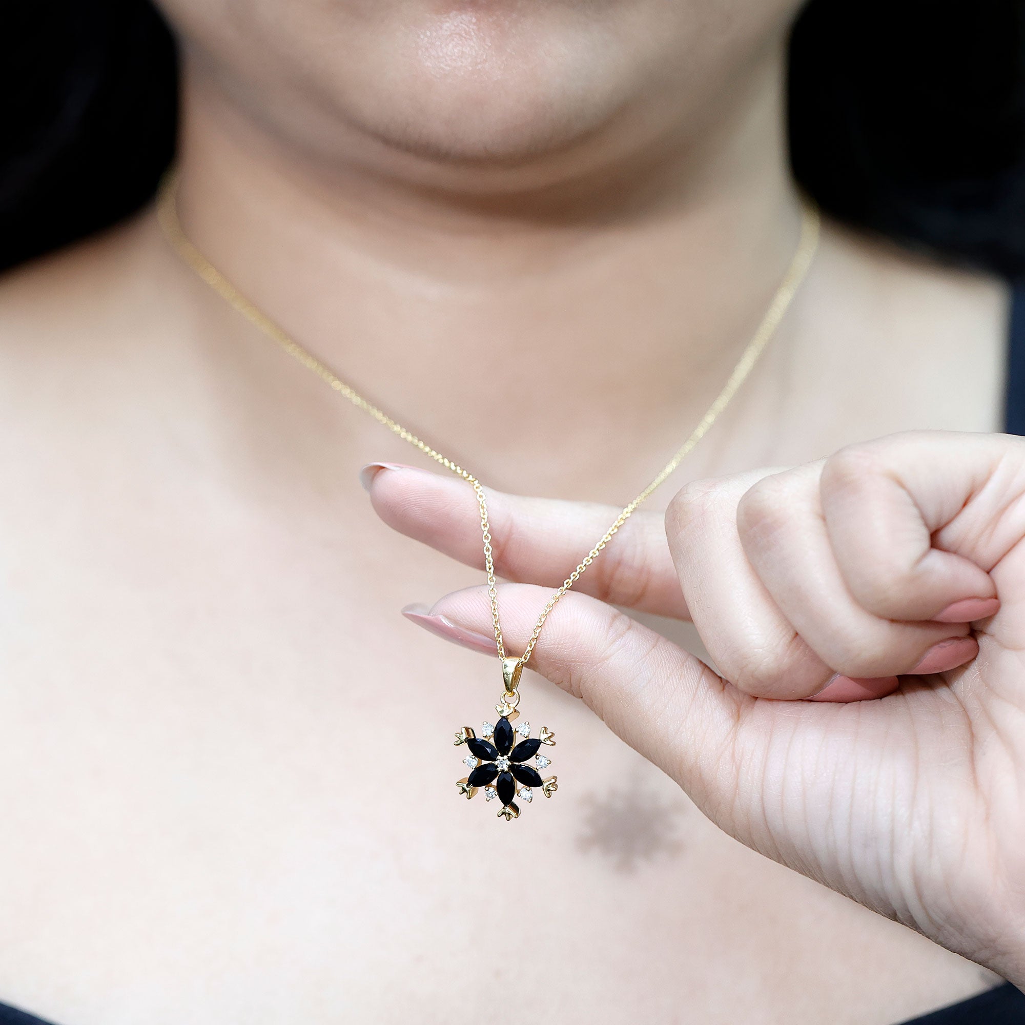 Certified Black Spinel and Diamond Flower Necklace with Silver Chain AAA 14K Yellow Gold Plated Silver - Rosec Jewels