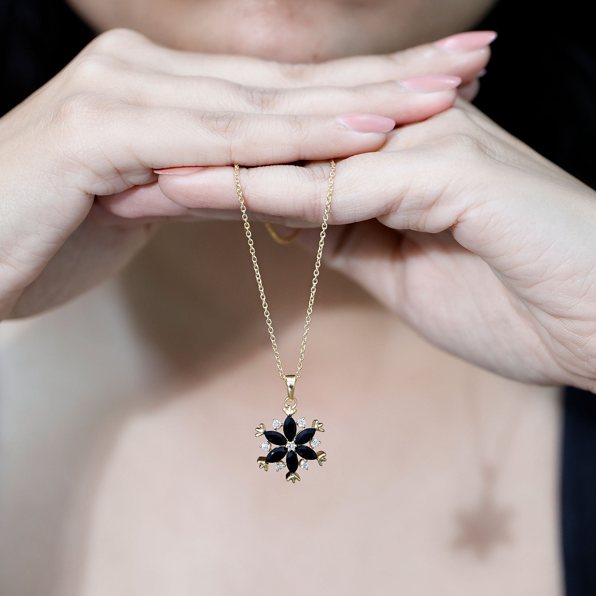 Certified Black Spinel and Diamond Flower Necklace with Silver Chain AAA 14K Yellow Gold Plated Silver - Rosec Jewels