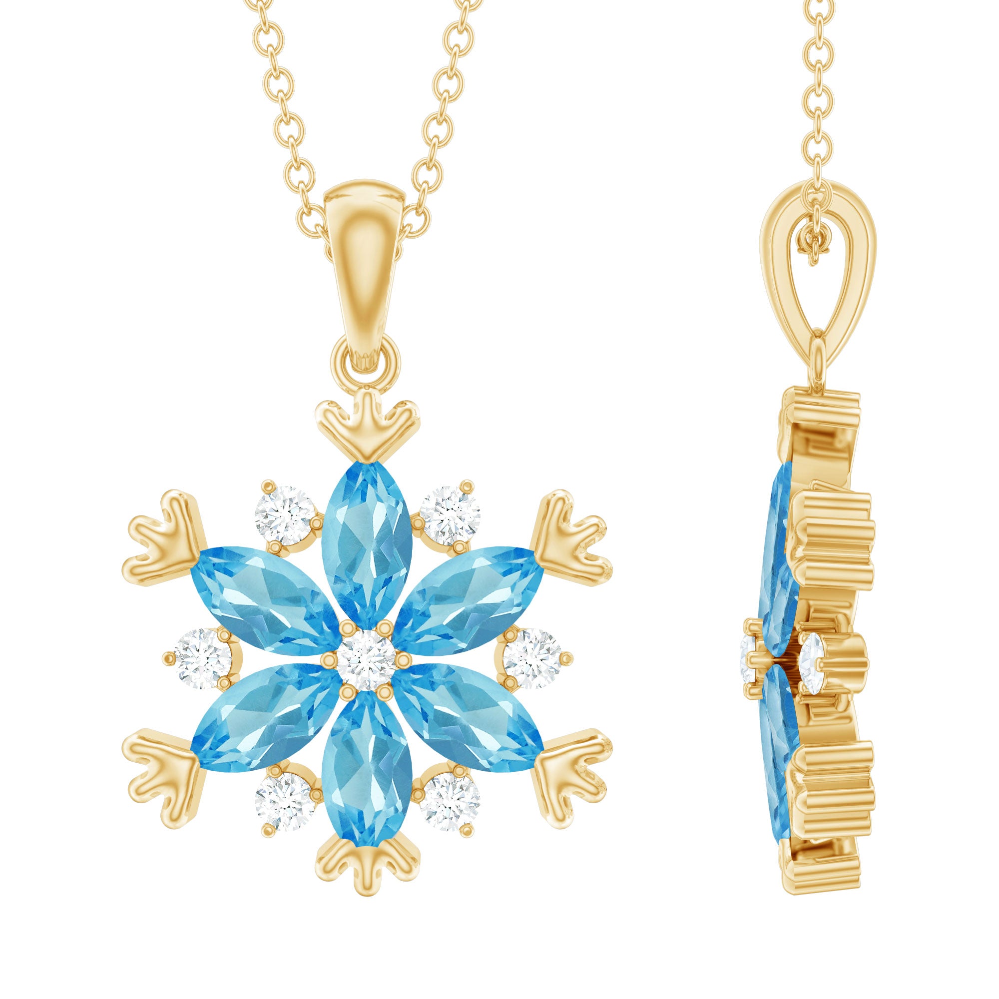 Real Swiss Blue Topaz Snowflake Necklace with Silver Chain AAA 14K Yellow Gold Plated Silver - Rosec Jewels