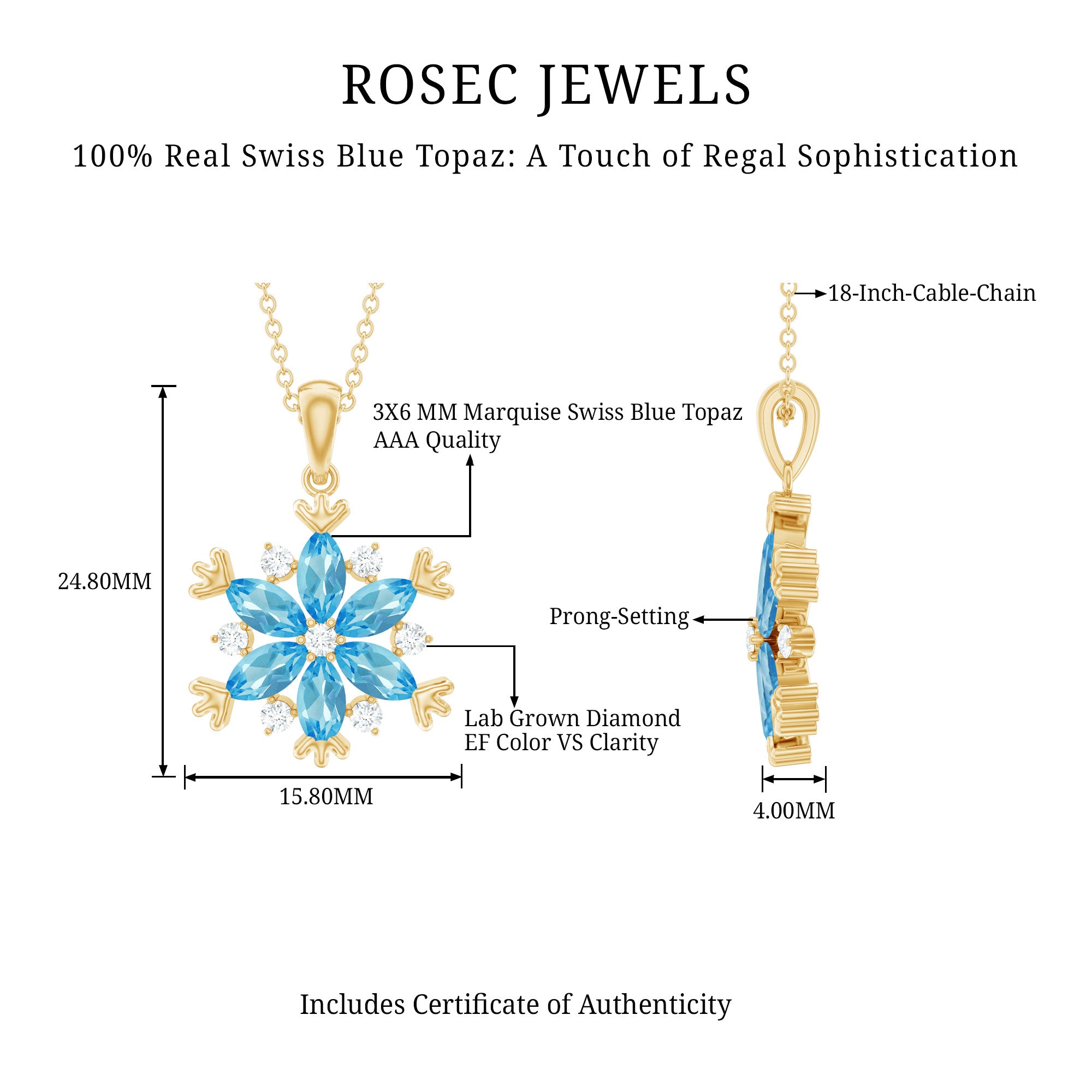 Real Swiss Blue Topaz Snowflake Necklace with Silver Chain AAA 14K Yellow Gold Plated Silver - Rosec Jewels