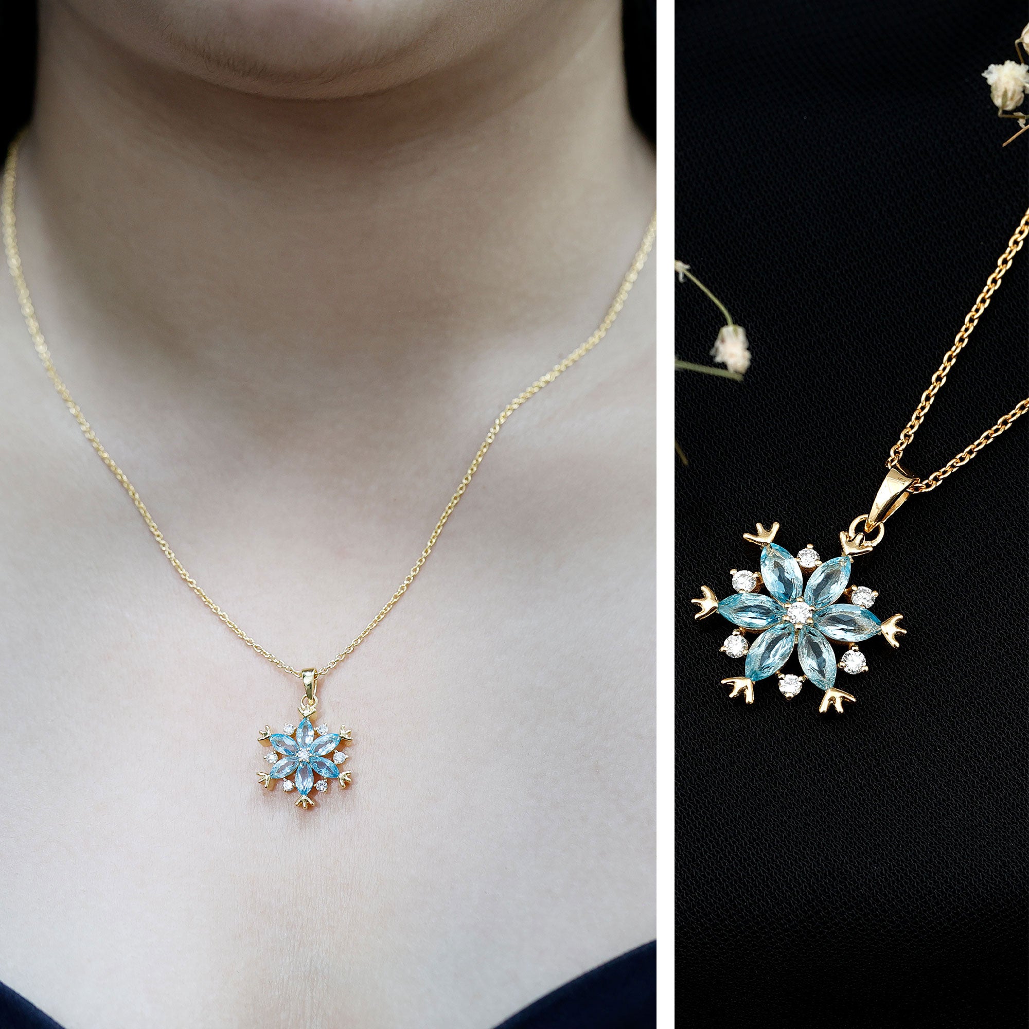Real Swiss Blue Topaz Snowflake Necklace with Silver Chain AAA 14K Yellow Gold Plated Silver - Rosec Jewels