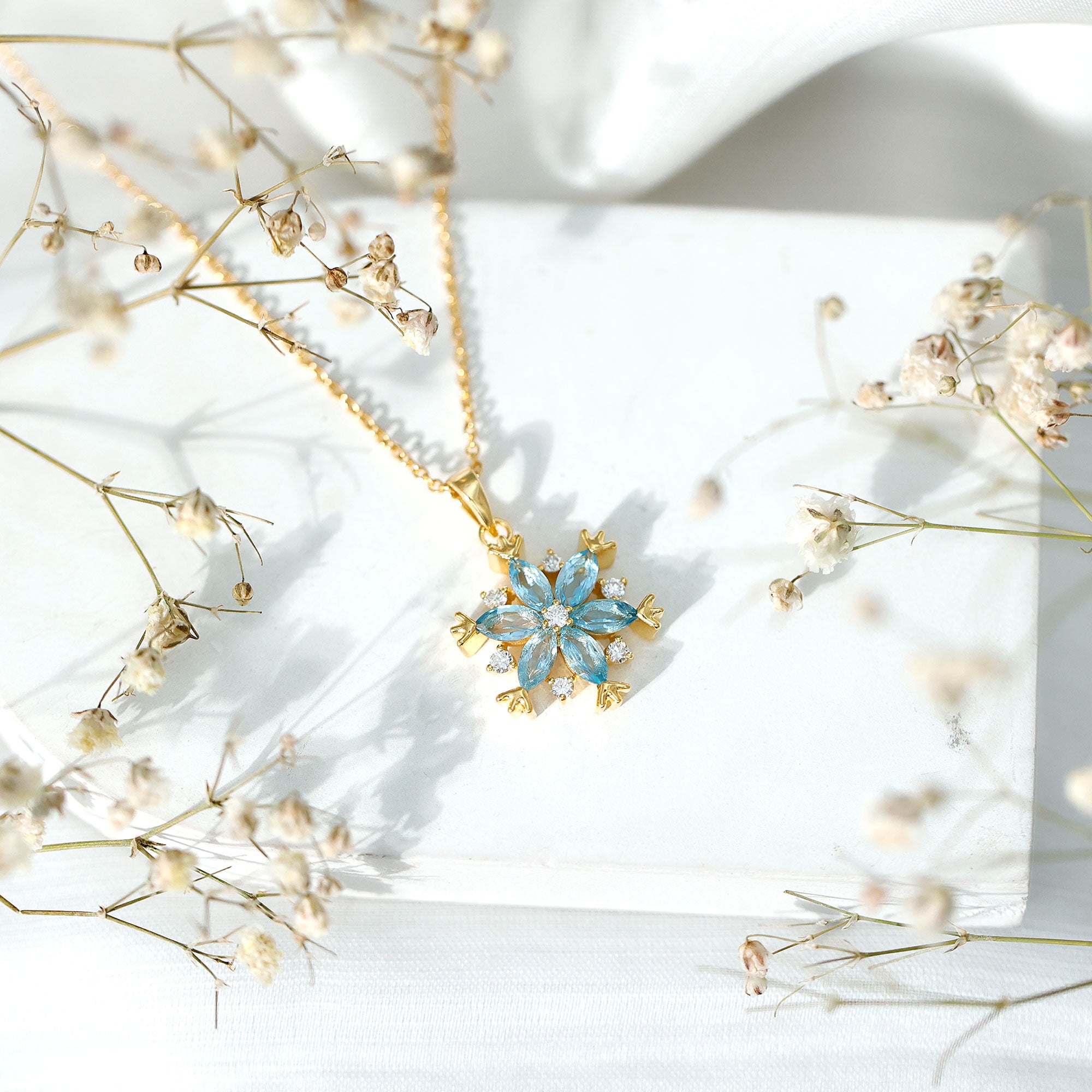 Real Swiss Blue Topaz Snowflake Necklace with Silver Chain AAA 14K Yellow Gold Plated Silver - Rosec Jewels