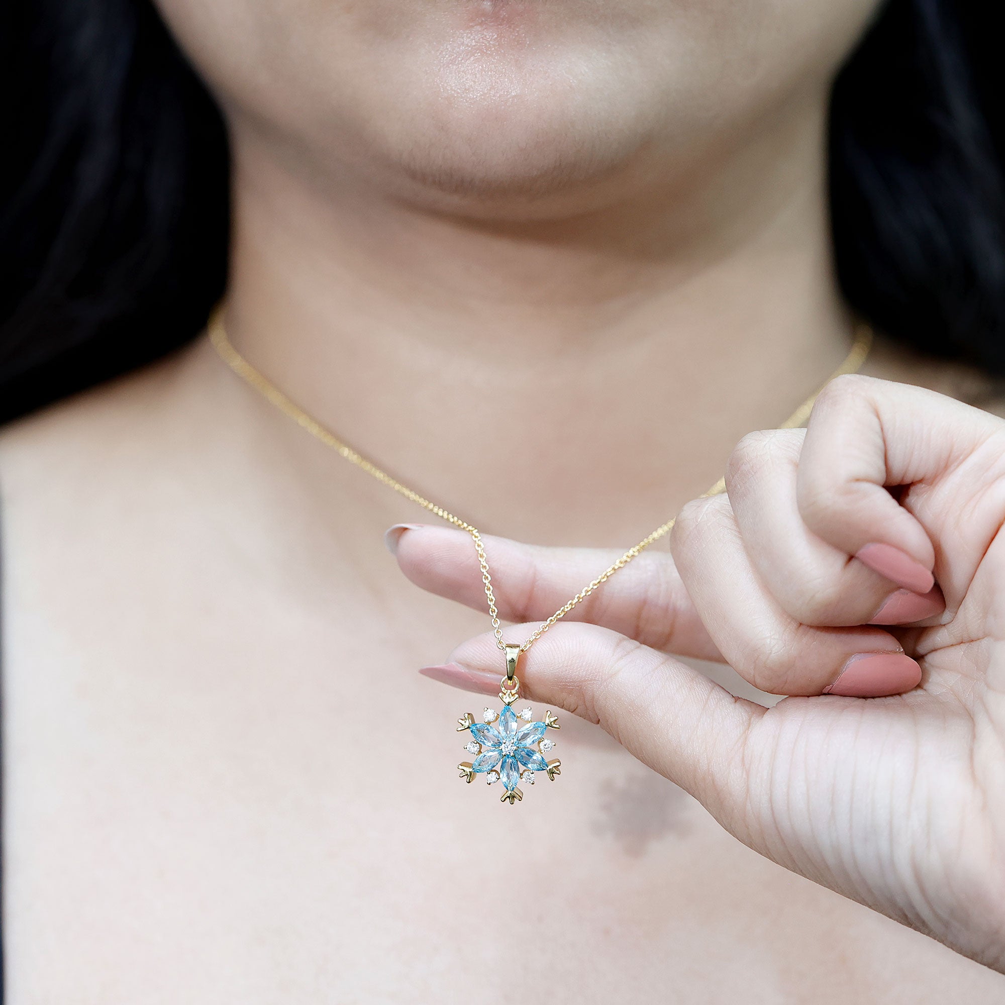 Real Swiss Blue Topaz Snowflake Necklace with Silver Chain AAA 14K Yellow Gold Plated Silver - Rosec Jewels