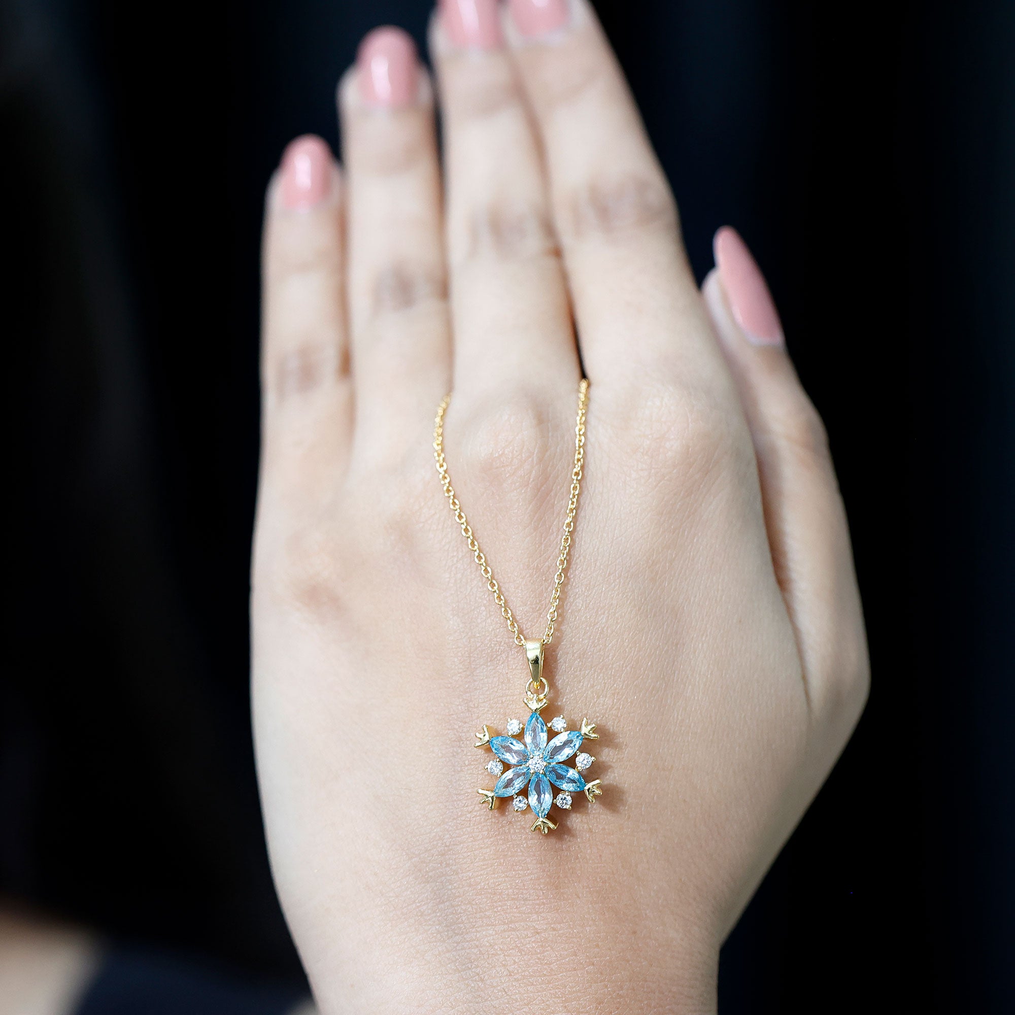 Real Swiss Blue Topaz Snowflake Necklace with Silver Chain AAA 14K Yellow Gold Plated Silver - Rosec Jewels