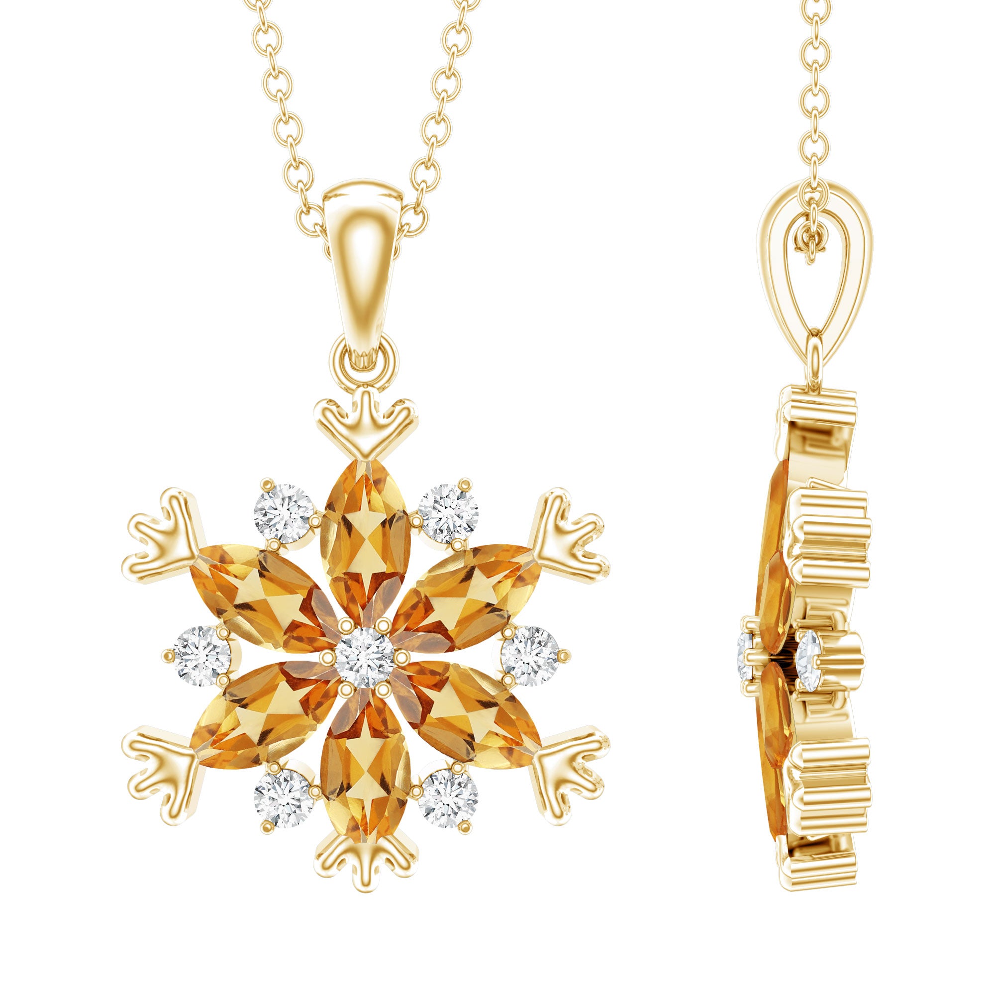 Certified Citrine Flower Pendant Necklace with Silver Chain AAA 14K Yellow Gold Plated Silver - Rosec Jewels