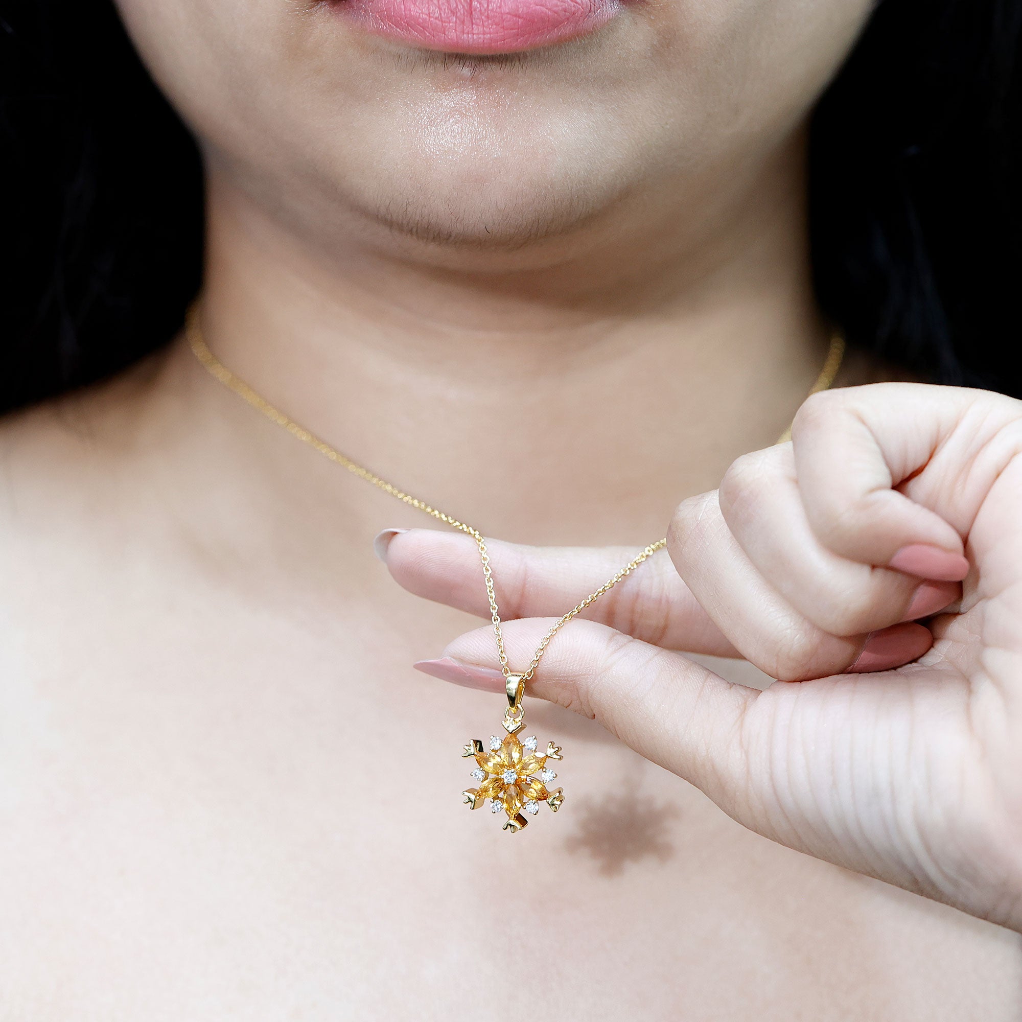 Certified Citrine Flower Pendant Necklace with Silver Chain AAA 14K Yellow Gold Plated Silver - Rosec Jewels