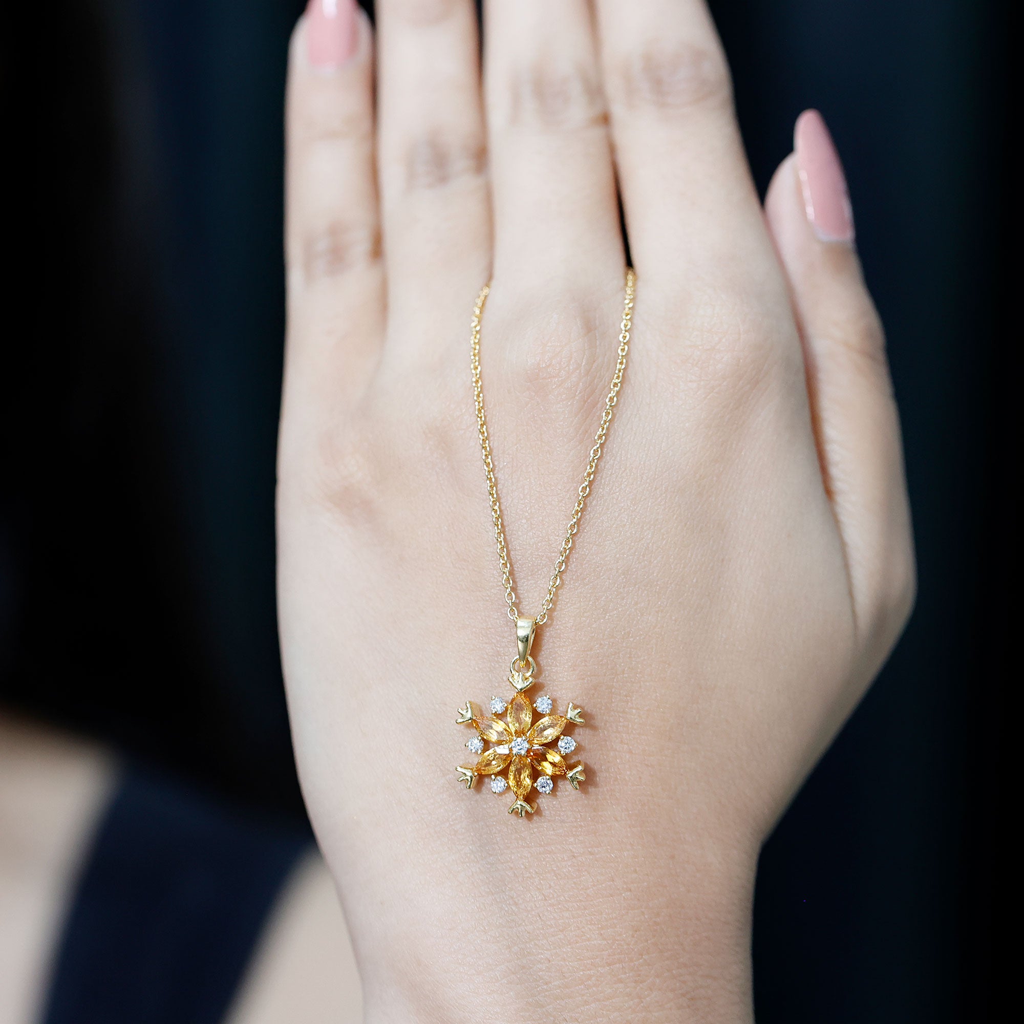 Certified Citrine Flower Pendant Necklace with Silver Chain AAA 14K Yellow Gold Plated Silver - Rosec Jewels