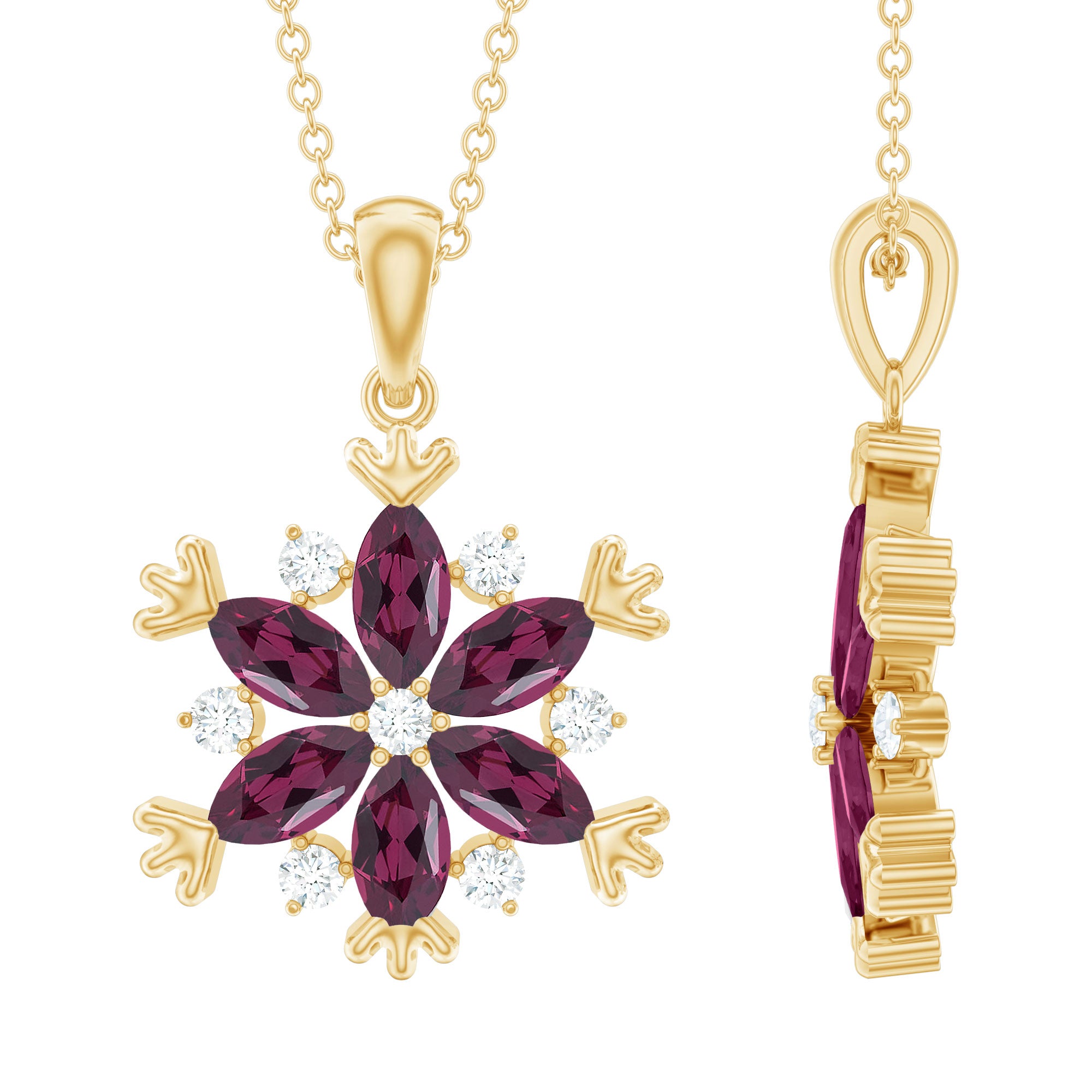 Rhodolite Garnet Flower Necklace in Gold Plated Silver AAA 14K Yellow Gold Plated Silver - Rosec Jewels