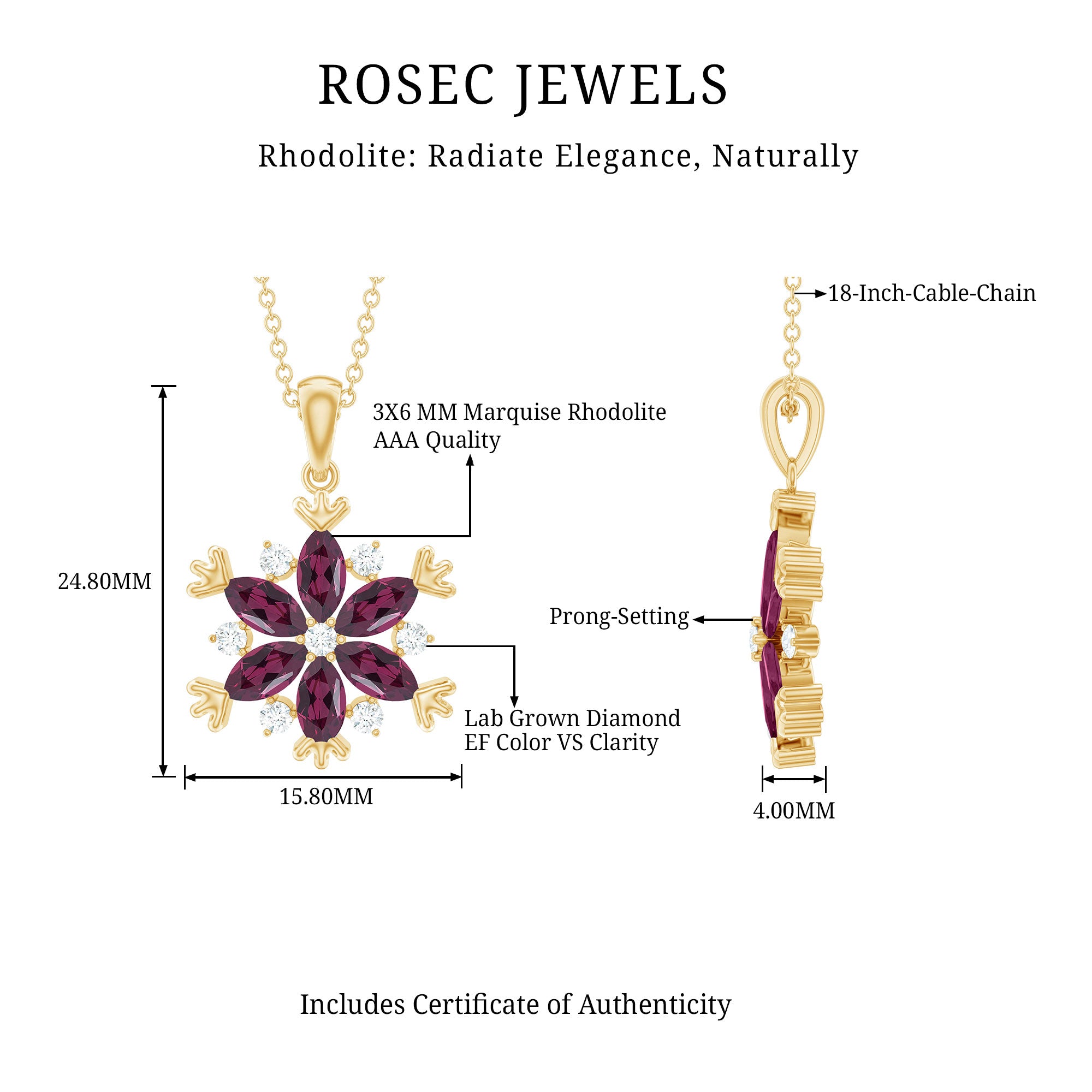 Rhodolite Garnet Flower Necklace in Gold Plated Silver AAA 14K Yellow Gold Plated Silver - Rosec Jewels
