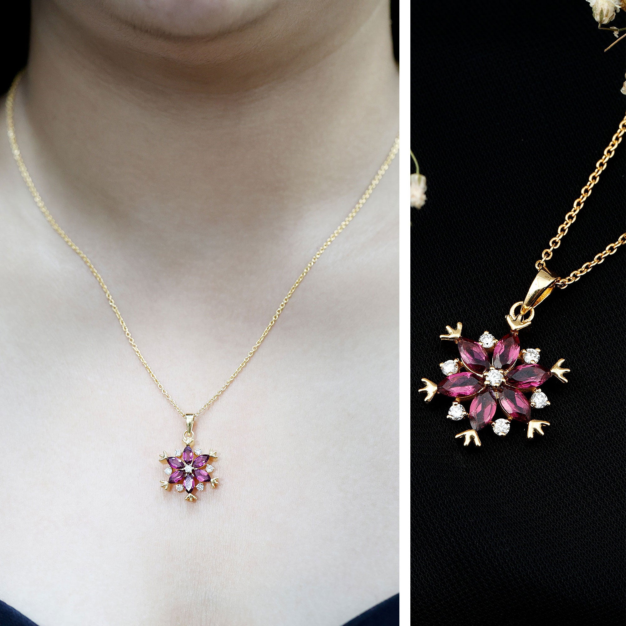 Rhodolite Garnet Flower Necklace in Gold Plated Silver AAA 14K Yellow Gold Plated Silver - Rosec Jewels