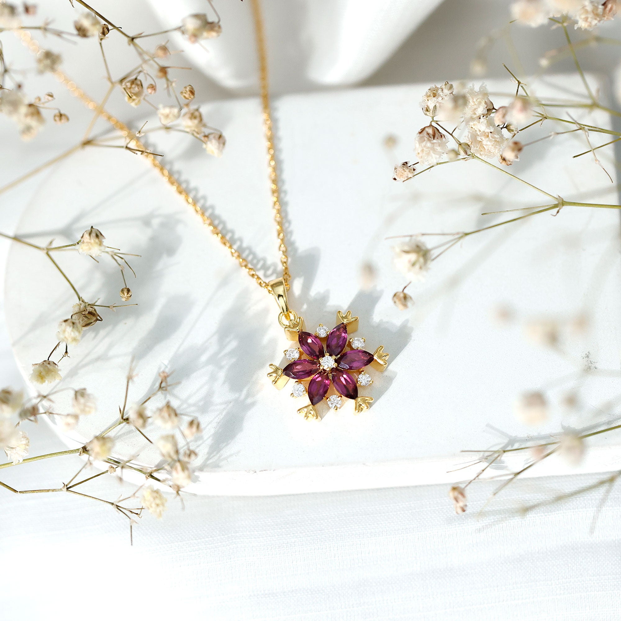 Rhodolite Garnet Flower Necklace in Gold Plated Silver AAA 14K Yellow Gold Plated Silver - Rosec Jewels