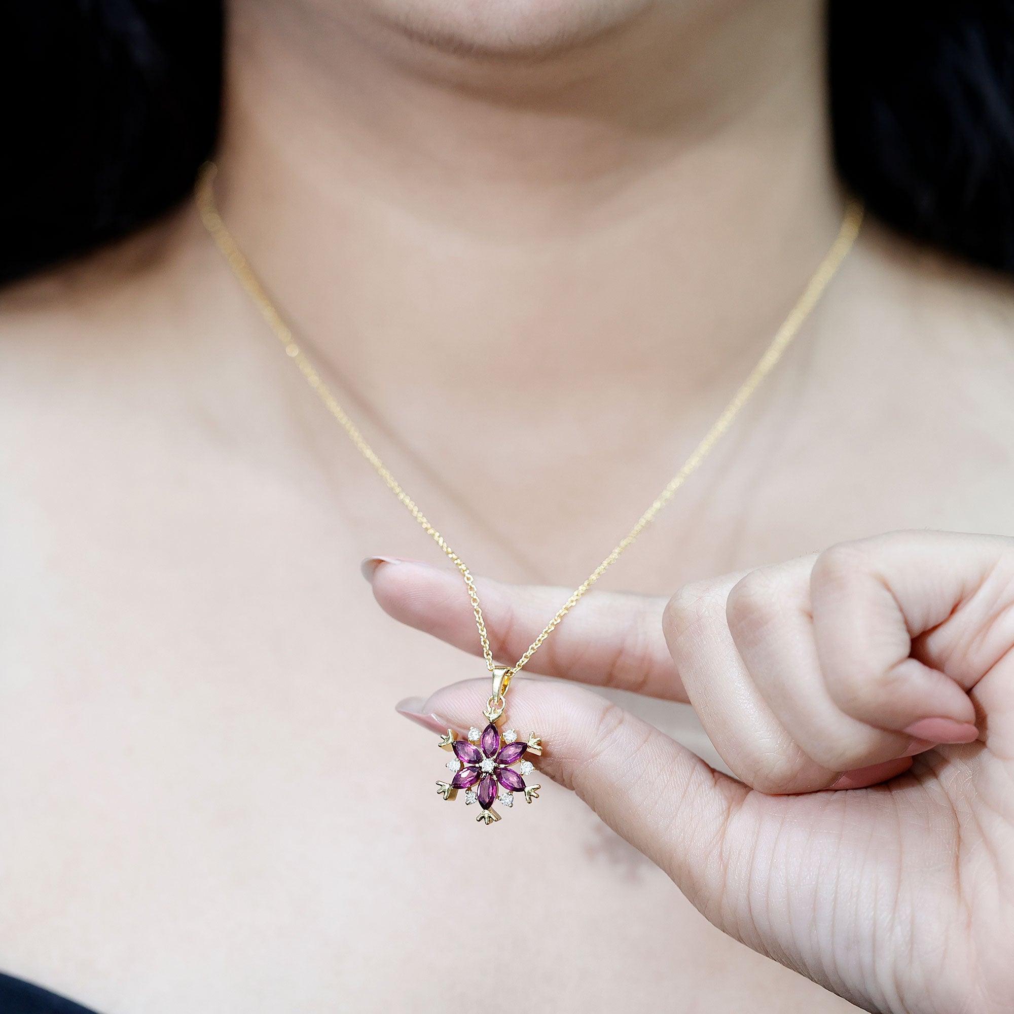 Rhodolite Garnet Flower Necklace in Gold Plated Silver AAA 14K Yellow Gold Plated Silver - Rosec Jewels