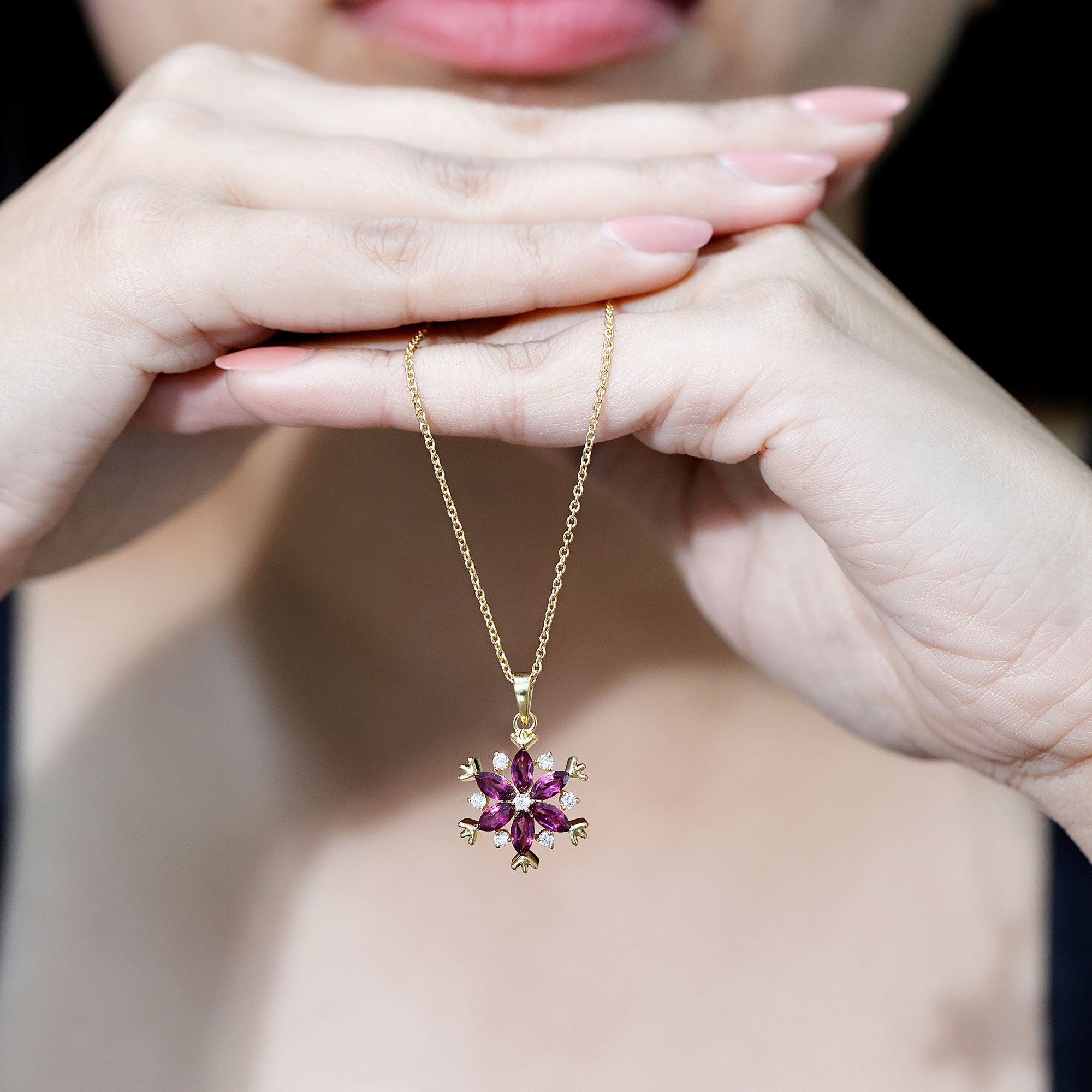 Rhodolite Garnet Flower Necklace in Gold Plated Silver AAA 14K Yellow Gold Plated Silver - Rosec Jewels