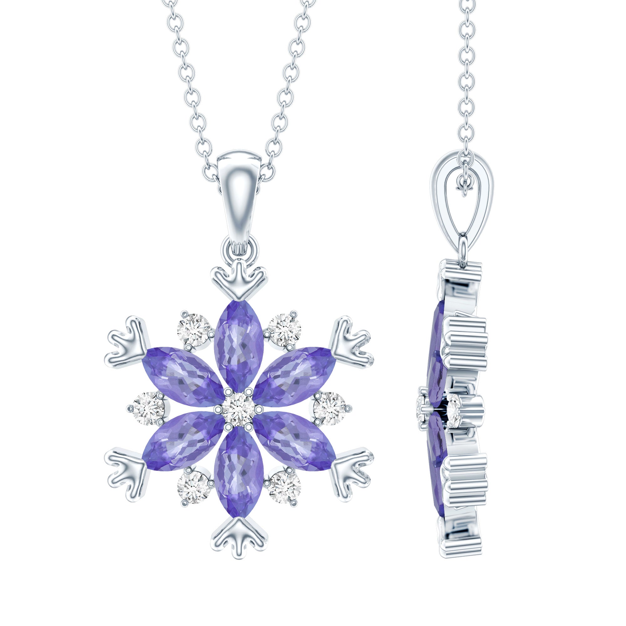 Natural Tanzanite Snowflake Necklace with Lab Diamond AAA 92.5 Sterling Silver - Rosec Jewels