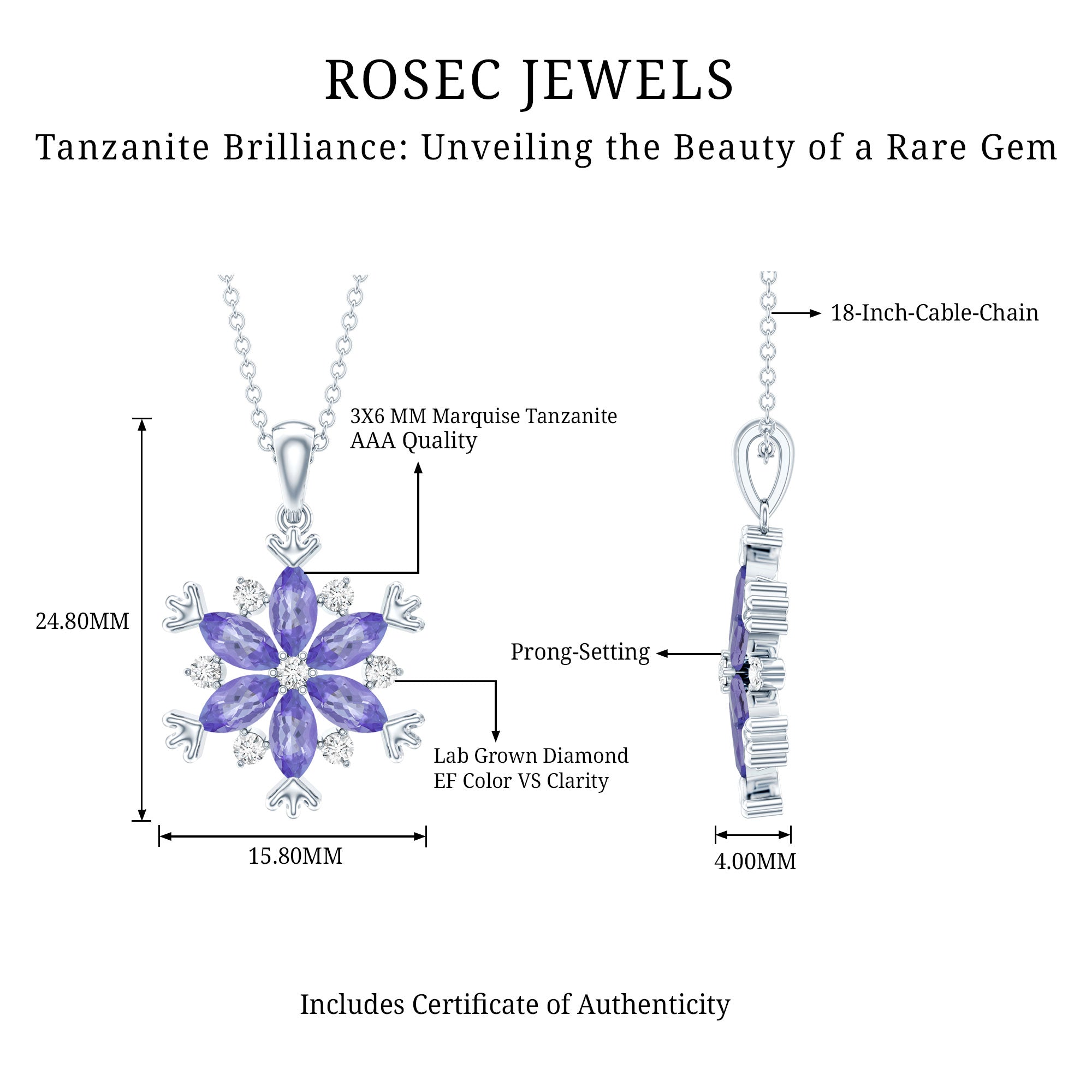 Natural Tanzanite Snowflake Necklace with Lab Diamond AAA 92.5 Sterling Silver - Rosec Jewels