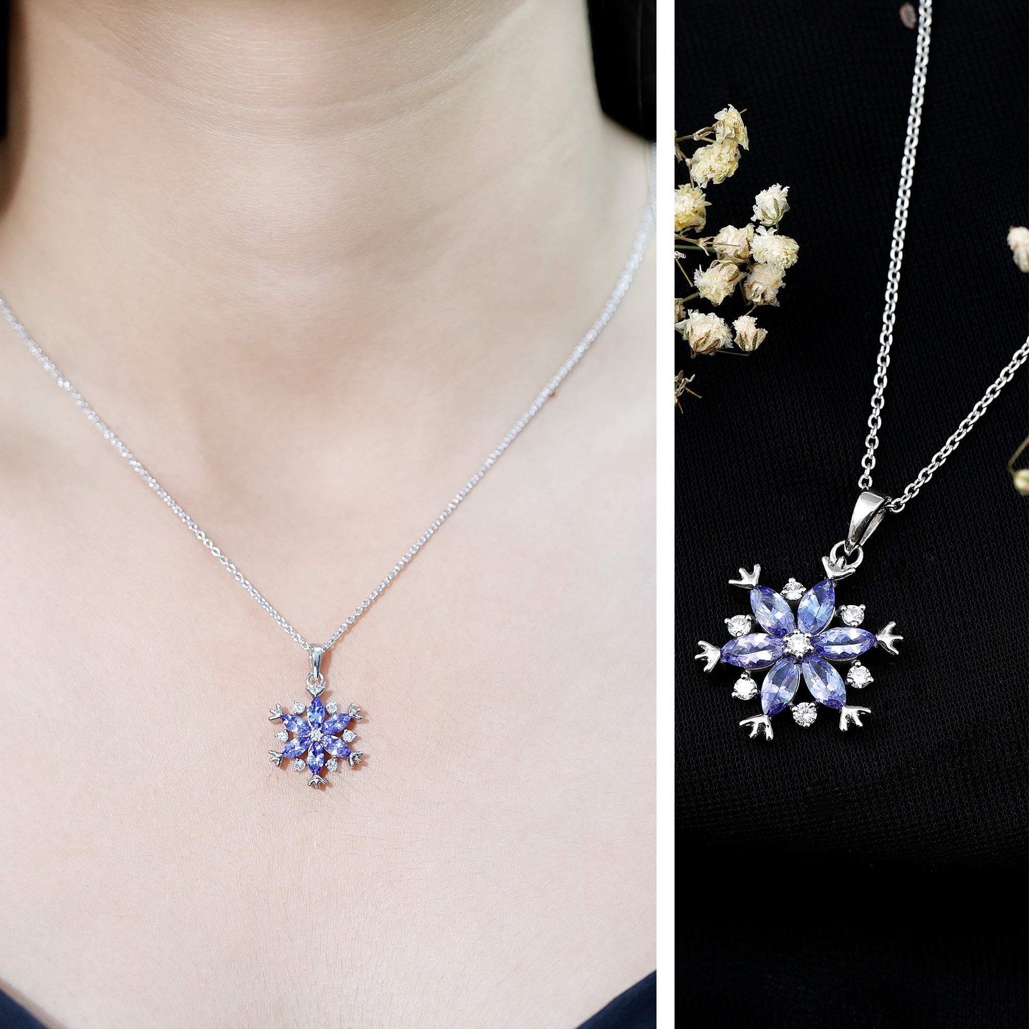 Natural Tanzanite Snowflake Necklace with Lab Diamond AAA 92.5 Sterling Silver - Rosec Jewels